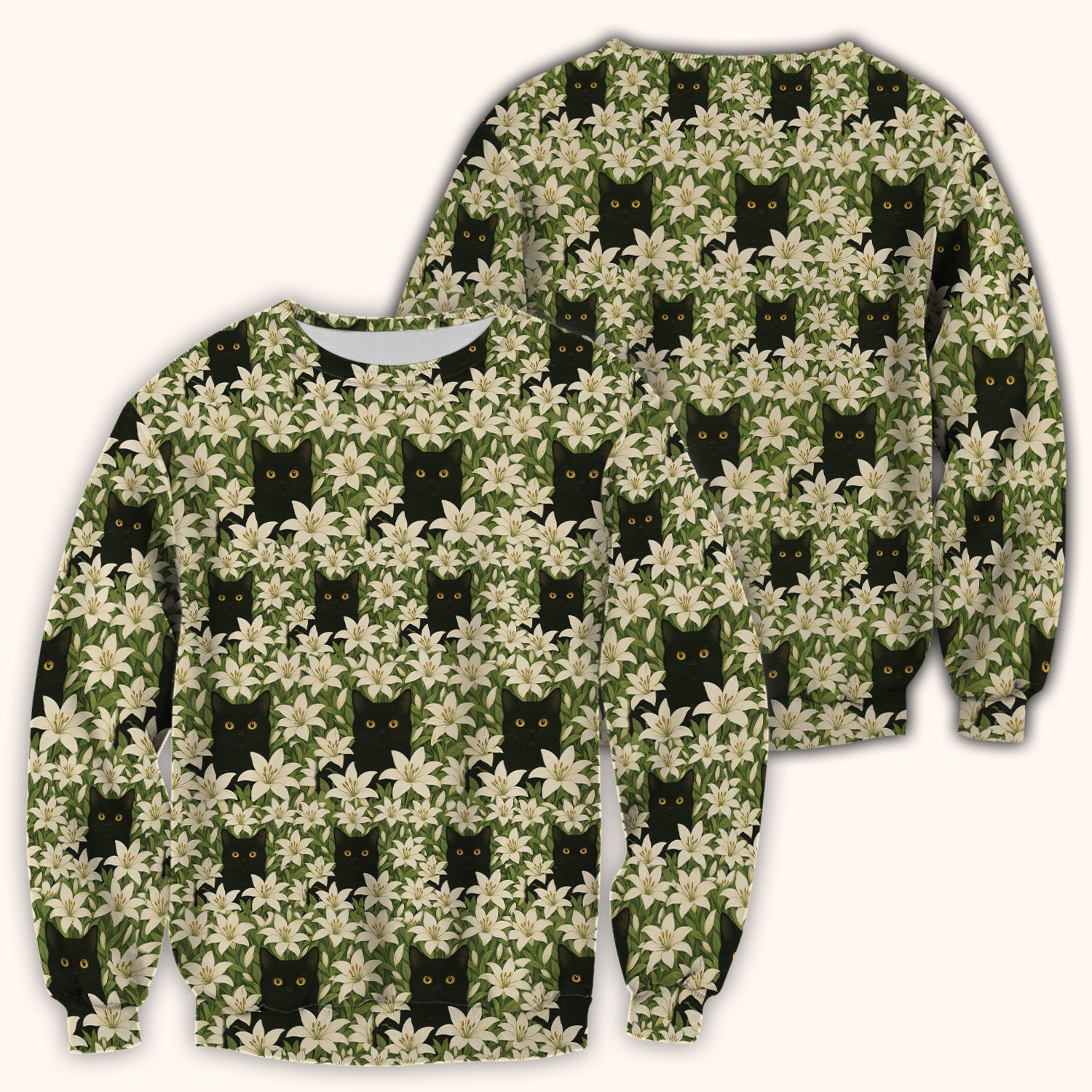Black Cat Hidden In Lily Garden Pattern Scrub Top, Comfortable Scrubs for Nurses