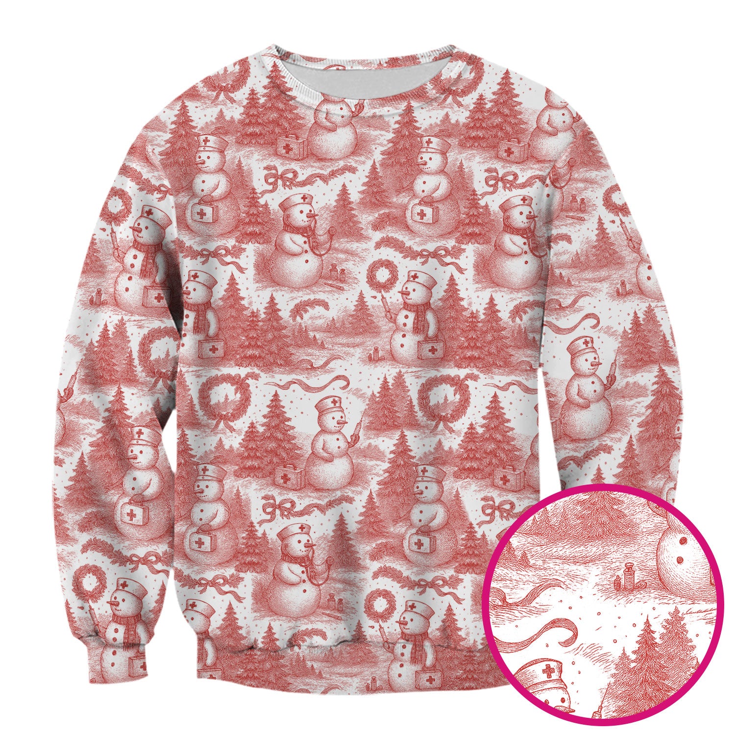 Christmas Scrub Top for Women – Toile de Jouy Snowman and Medical Pattern – Vintage Holiday Nurse Scrubs for Festive Season