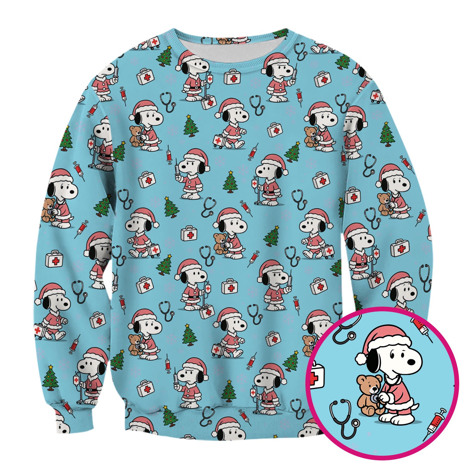 Snoopy Christmas Nurse Scrubs Top - Cute Pink Holiday Nursing Shirt - Funny Xmas Scrub Top for Women Nurses & Medical Workers