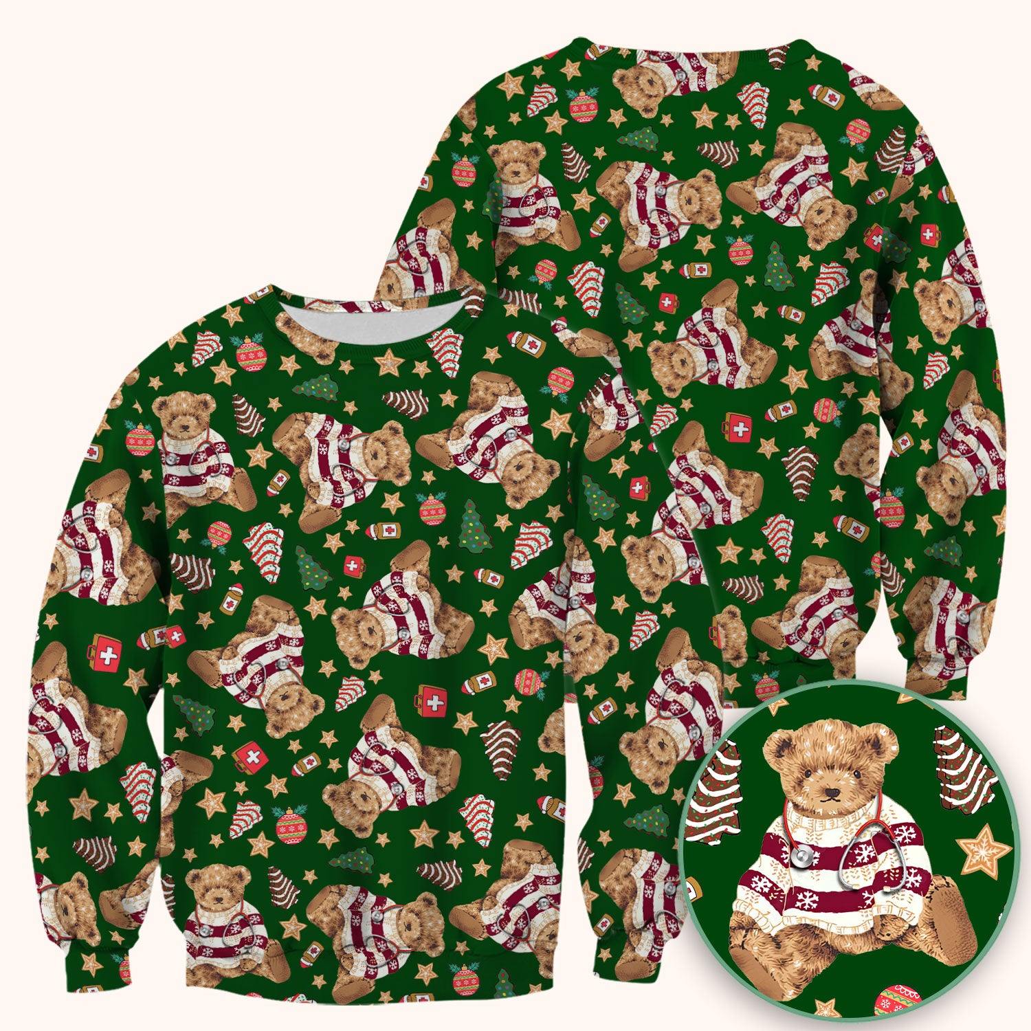 Teddy Bear Christmas Scrub Top - Cute Holiday Medical Pattern with Warm Sweater Bear - Gift for Nurses RN CNA LPN
