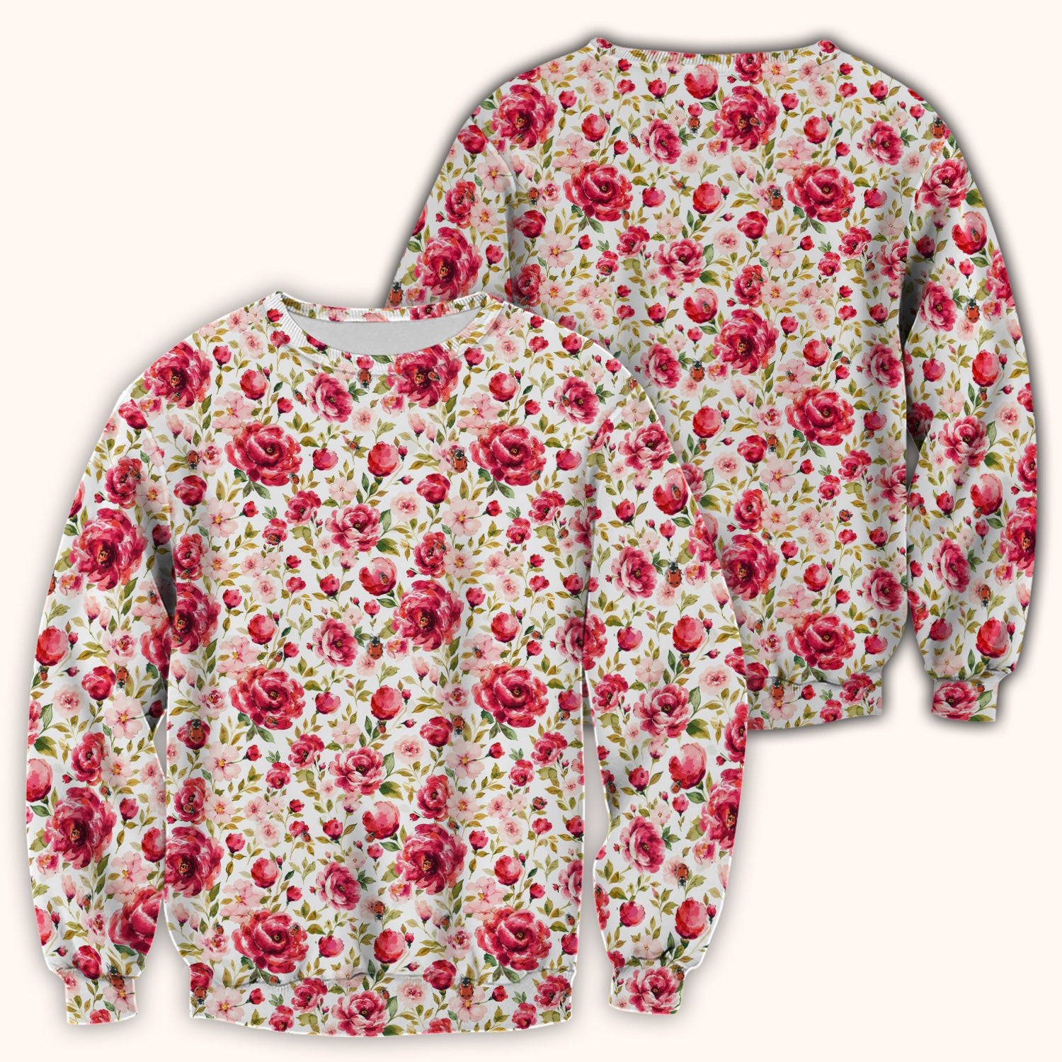Pink Rose Ladybug Garden Pattern Scrub Top, Comfortable Scrubs for Nurses