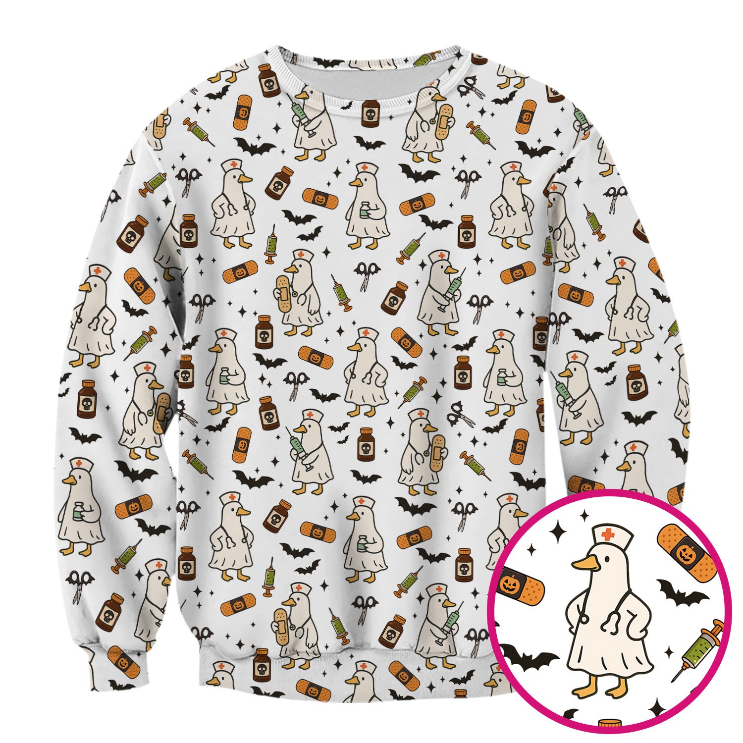 Cute Duck Pattern Nurse Scrub Top - Funny Goose Halloween Medical Design - Playful Spooky Nursing Shirt for RN LPN CNA Women