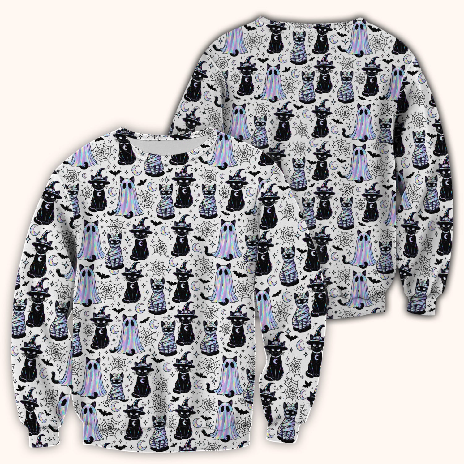 Ghost Witch Cat Pattern Scrub Top, Comfortable Scrubs for Nurses