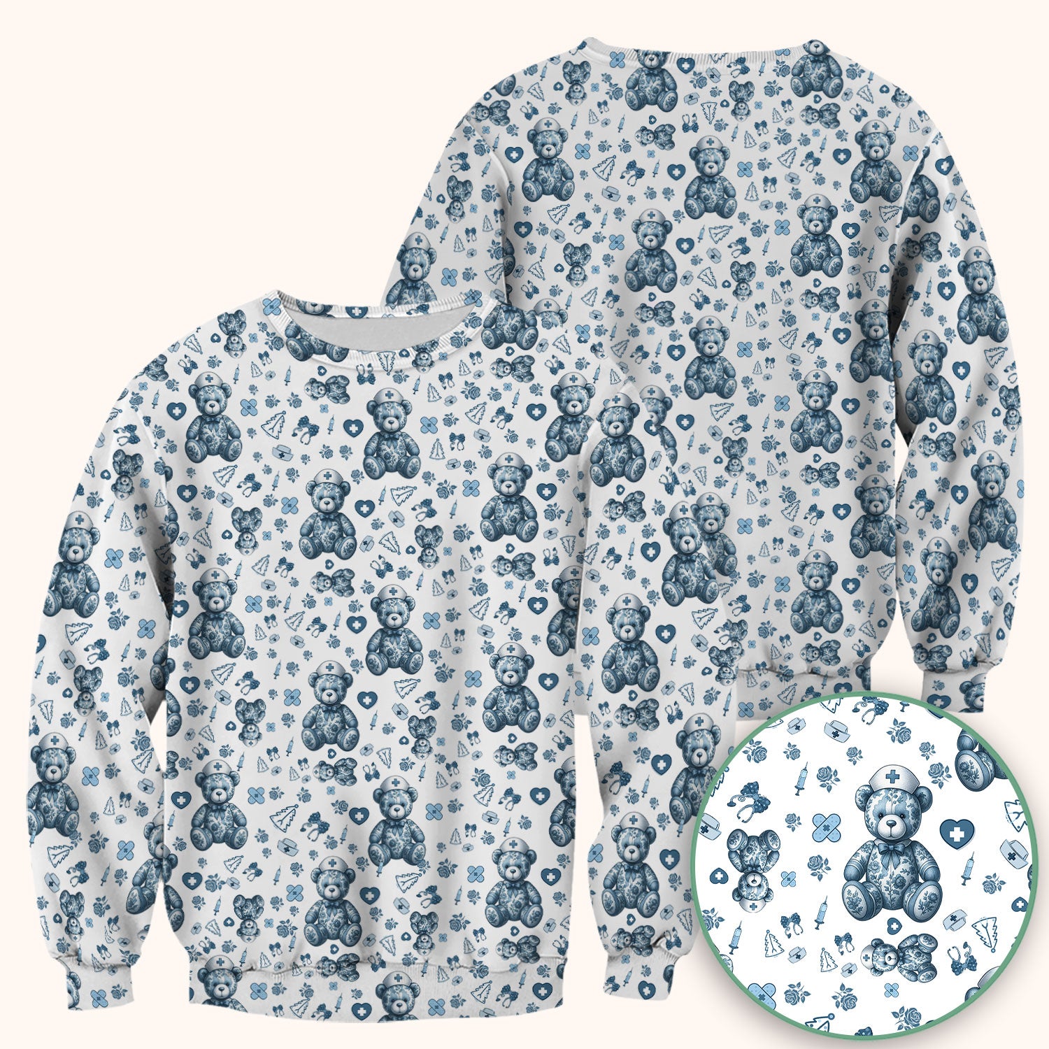 Toile Teddy Bear Nurse Scrub Top - Elegant Blue Toile de Jouy Pattern Medical Shirt for Women - Cute Vintage Nursing Uniform Gift