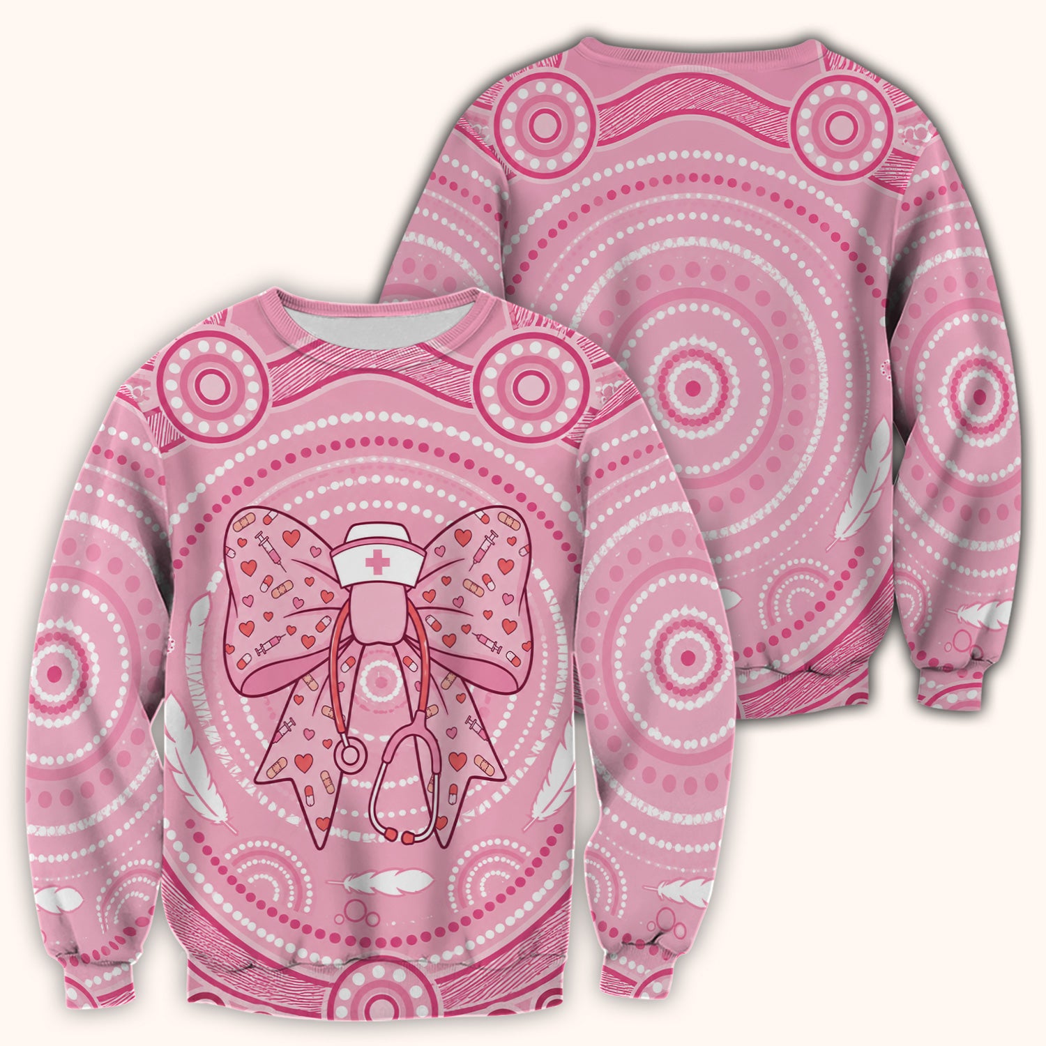 Pink Nurse Bow Stethoscope Pattern Scrub Top, Comfortable Scrubs for Nurses