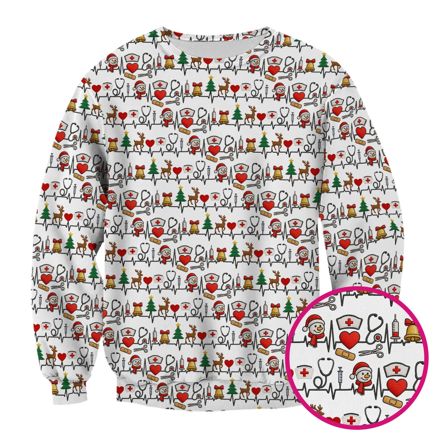 Cute Snowman Nurse Scrub Top, Christmas Holiday Medical Uniform For Nursing, Festive Heartbeat Print Nurse Shirt
