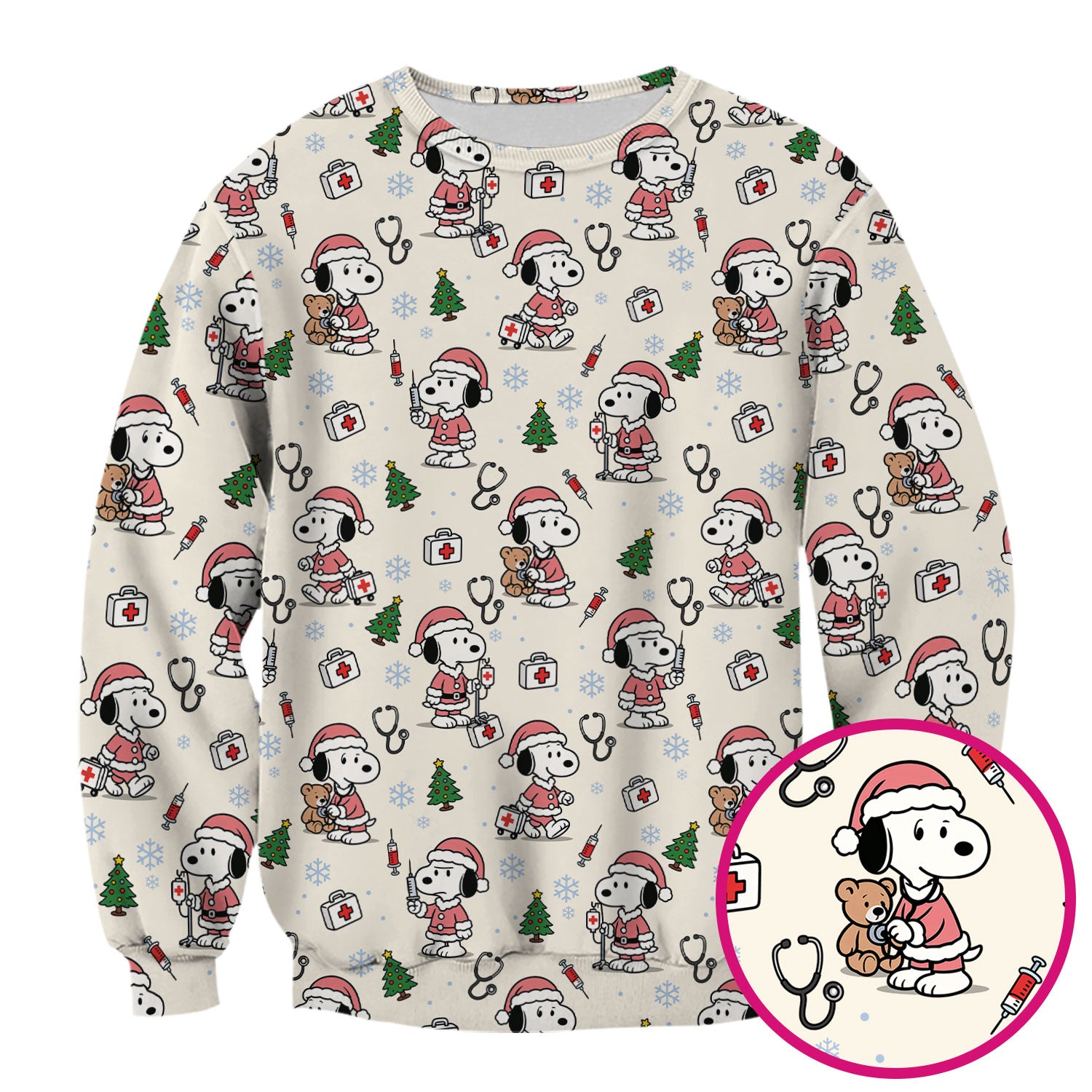 Snoopy Christmas Nurse Scrubs Top - Cute Pink Holiday Nursing Shirt - Funny Xmas Scrub Top for Women Nurses & Medical Workers