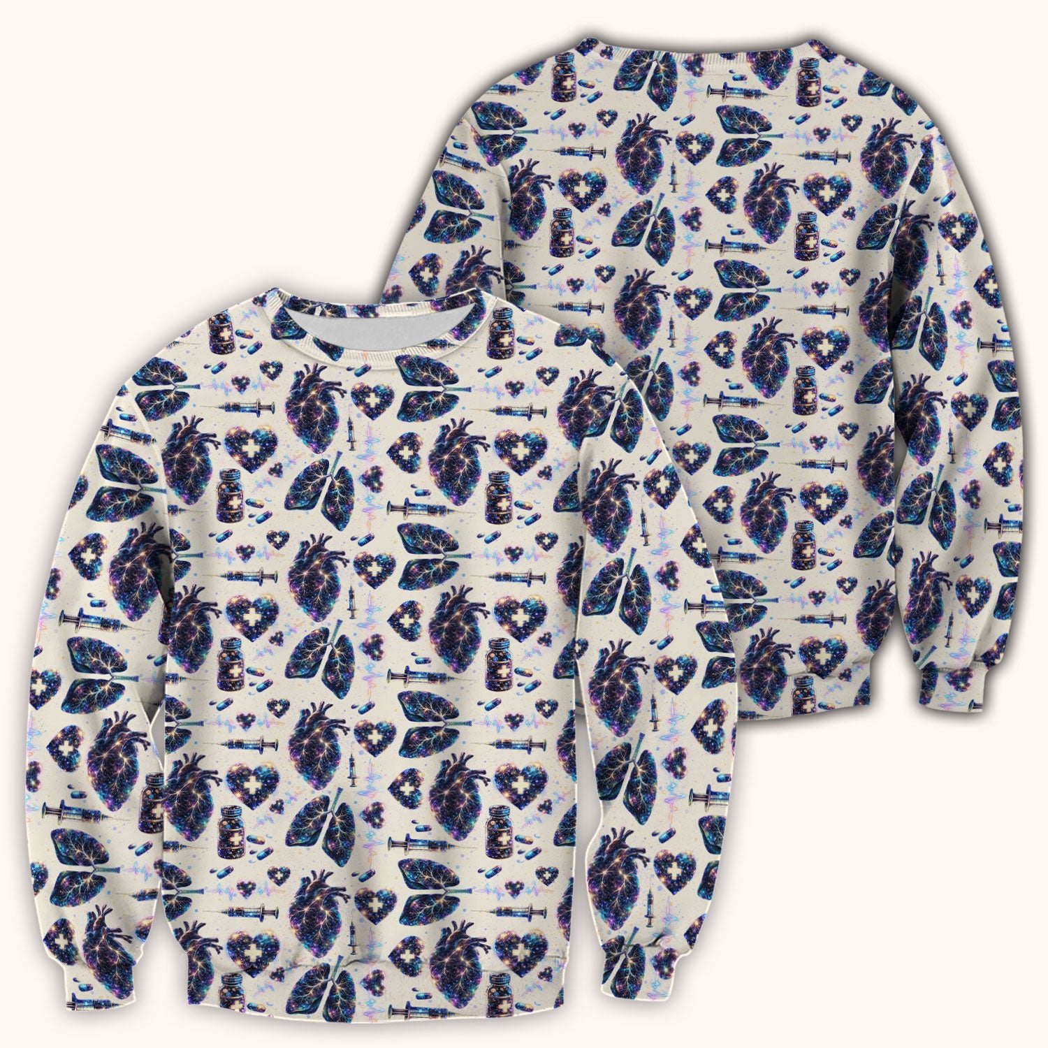 Galaxy Anatomical Heart Lung Syringe Print Scrub Top, Breathable Fabrics Nursing Uniform