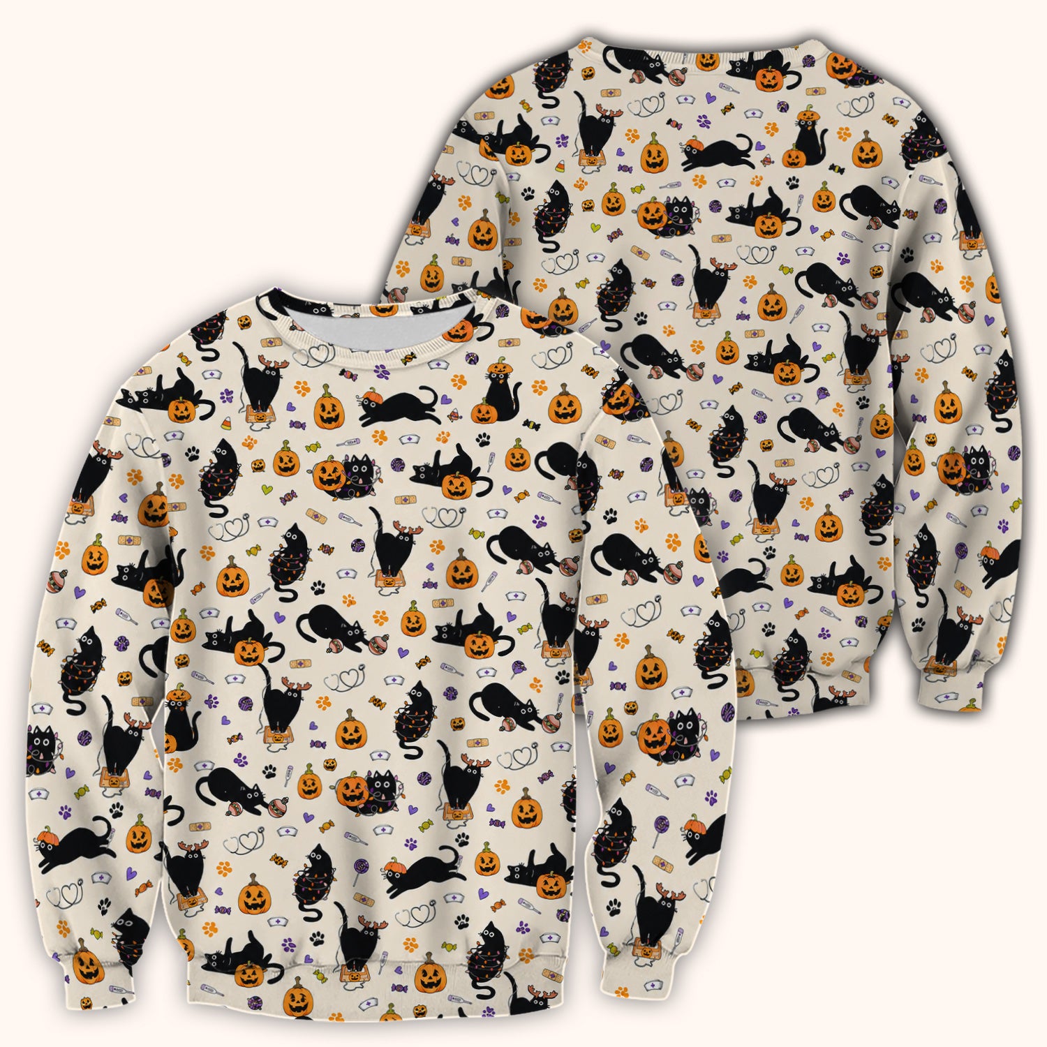 Pumpkin Black Cat Pattern Scrub Top, Comfortable Scrubs for Nurses