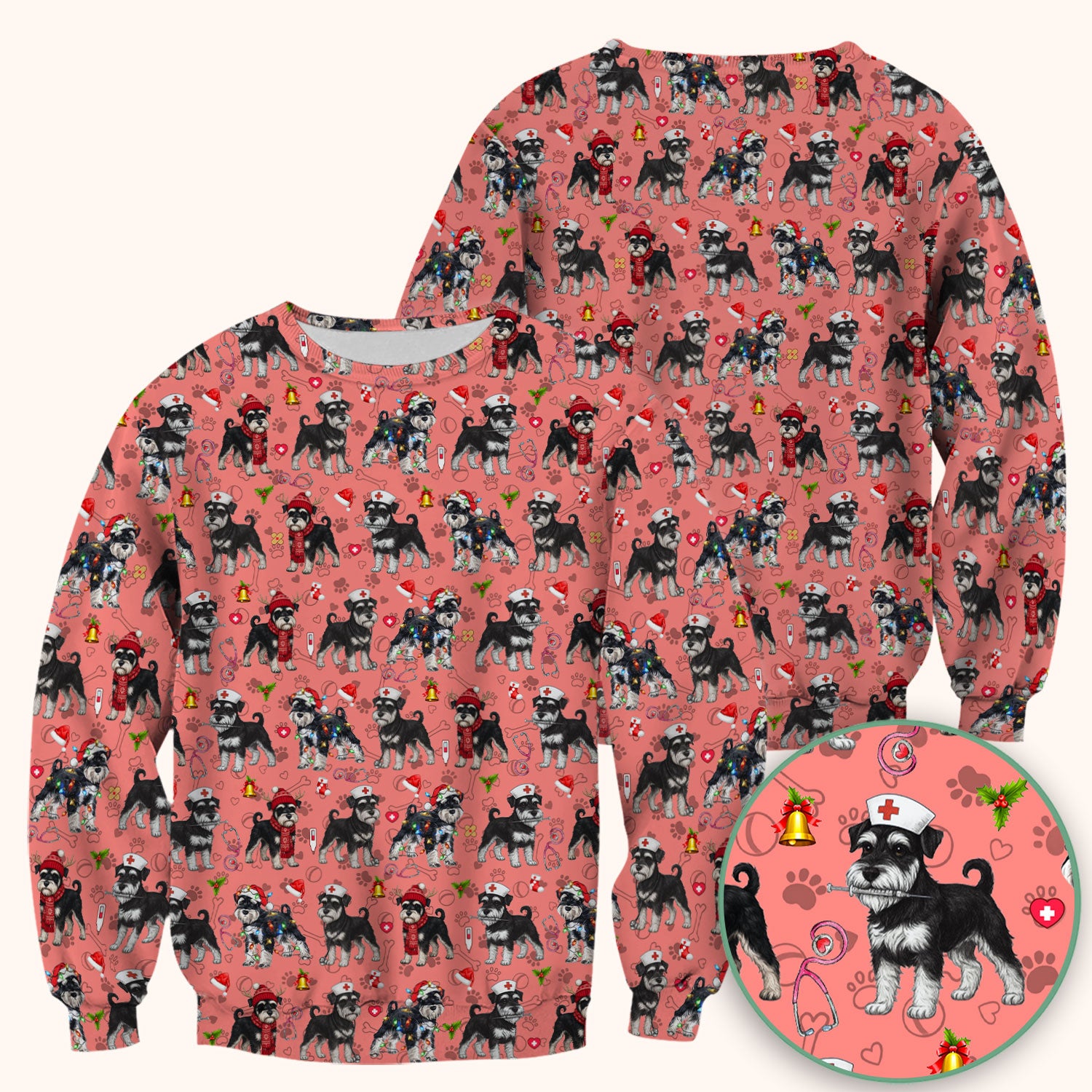Christmas Schnauzer Scrubs for Nurses - Cute Dog Holiday Scrub Top - Funny Santa Nursing Medical Shirt for Women