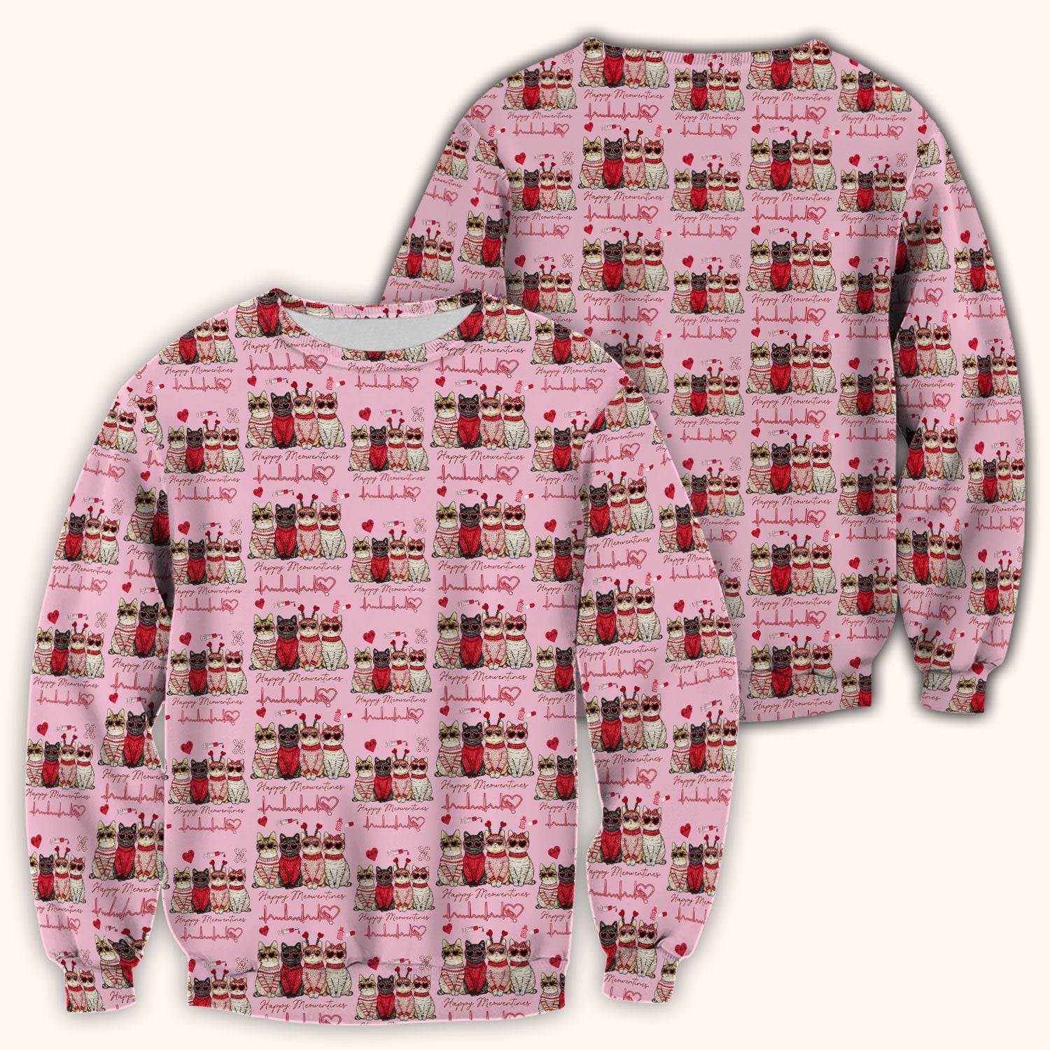 Happy Meowtines Cat Pattern Scrub Top, Valentine Cat Lover Nurse Scrub Shirt, Heartbeat Medical Pattern Nursing Uniform
