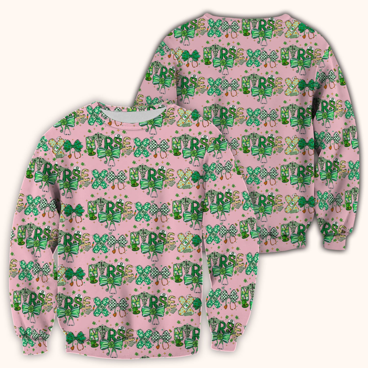 St. Patrick’s Nurse Scrub Top, Lucky Clover And Green Bow Pattern Nurse Shirt, Breathable Fabrics Nursing Uniform