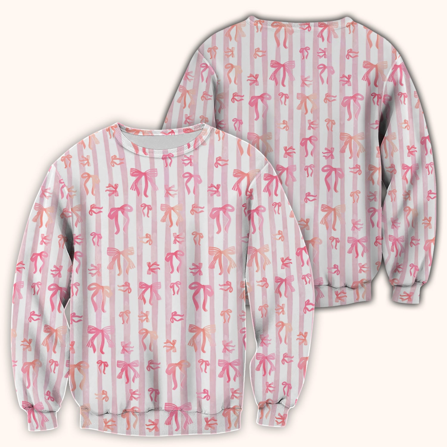 Pink Bow Stripe Pattern Print Scrub Top, Comfortable Scrubs for Nurses