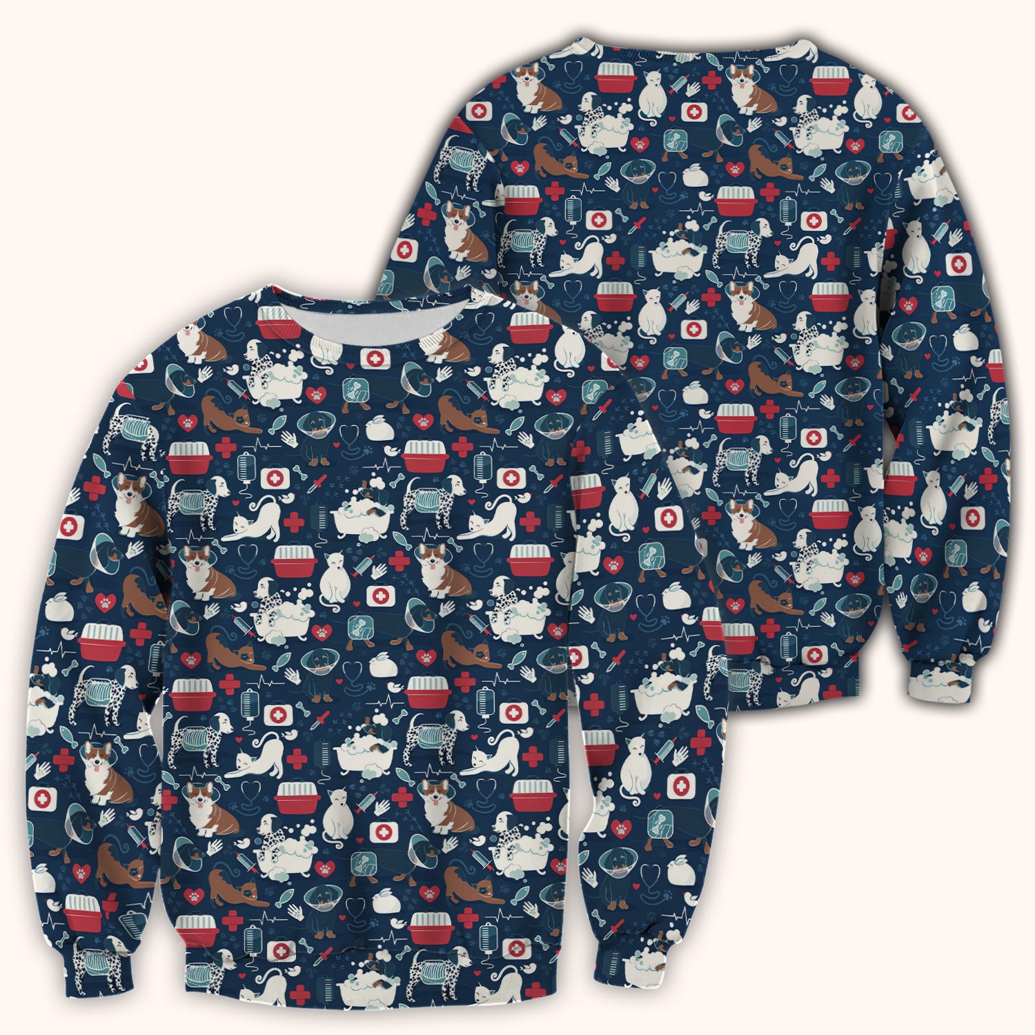 Dogs With Veterinary Tools And Paw Print Scrub Top, Breathable Fabrics Nursing Uniform