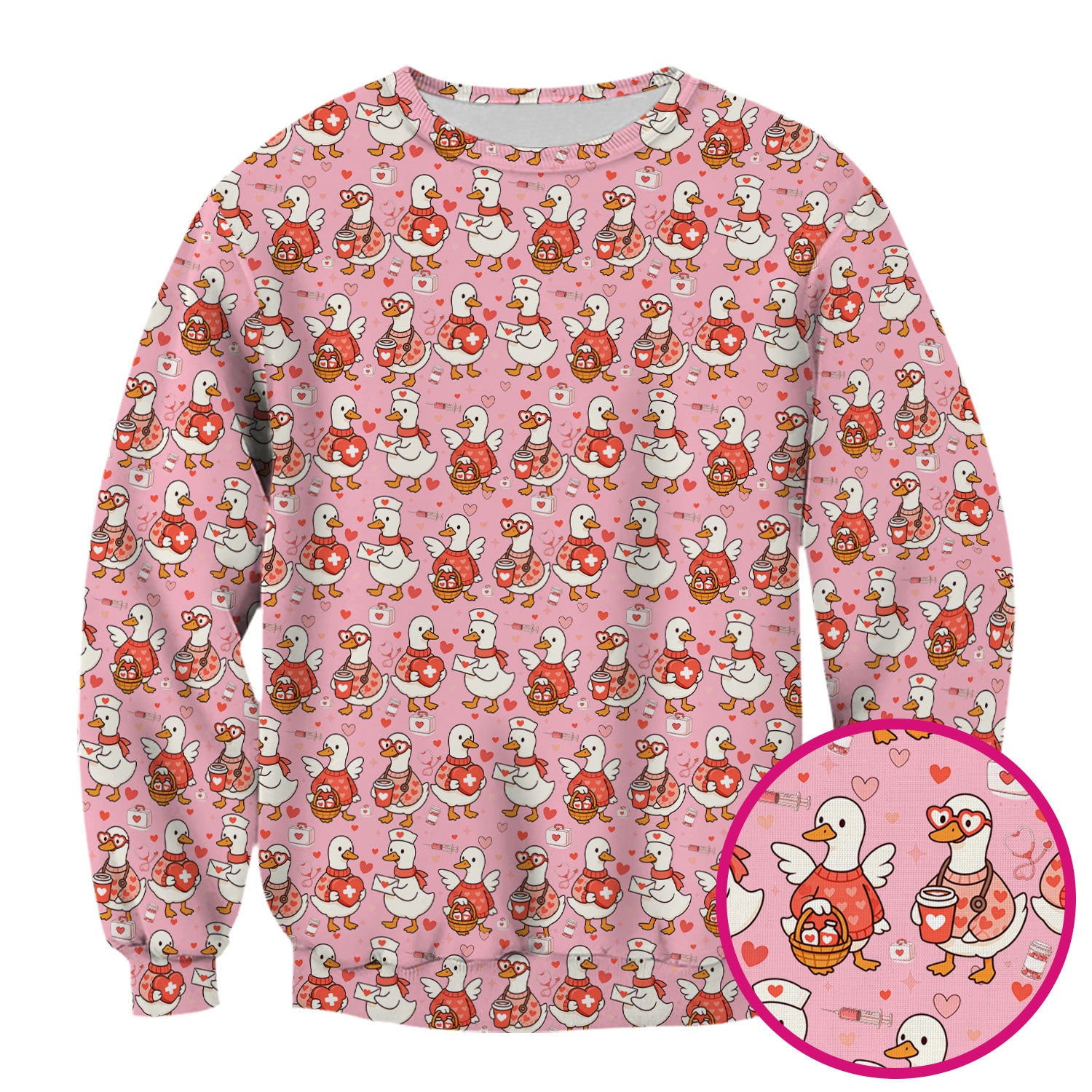 Valentine Goose Nurse Scrub Top, Heart Medical Pattern Nurse Shirt, Breathable Fabrics Nursing Uniform