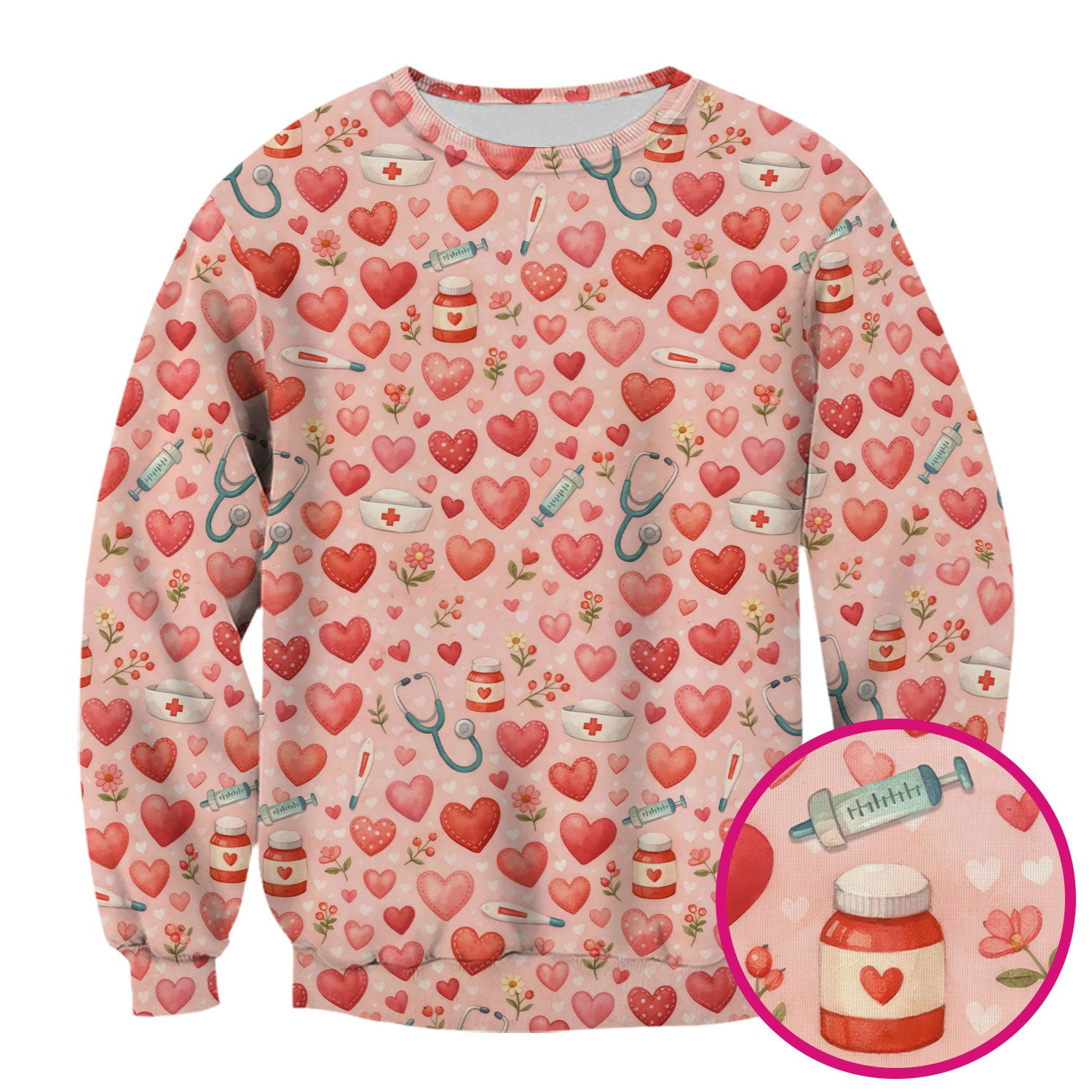 Cute Medical Heart Pattern Scrub Top, Valentine Nurse Scrub Shirt, Breathable Fabrics Nursing Uniform