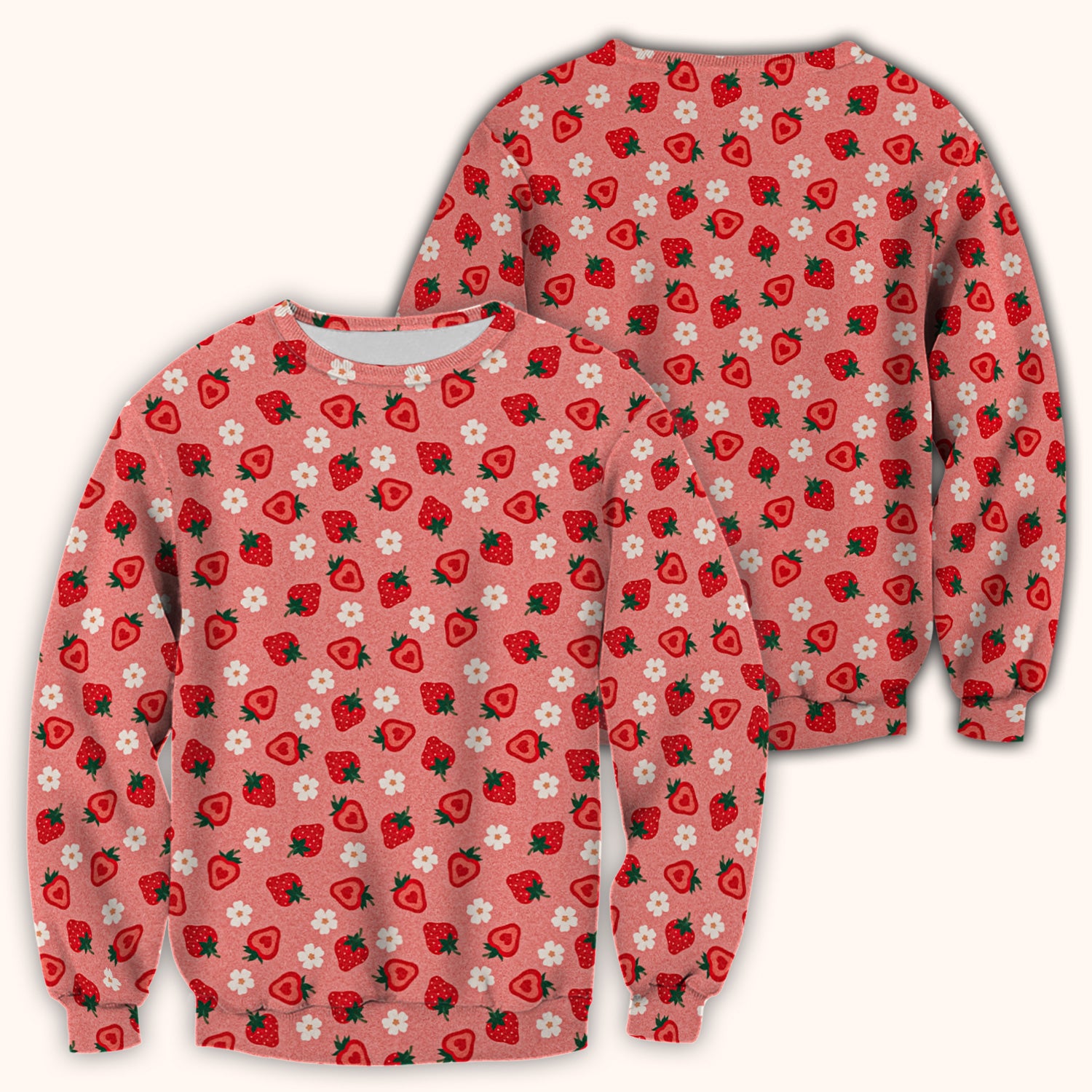 Sweet Strawberry Blossom Print Scrub Top, Breathable Fabrics Nursing Uniform