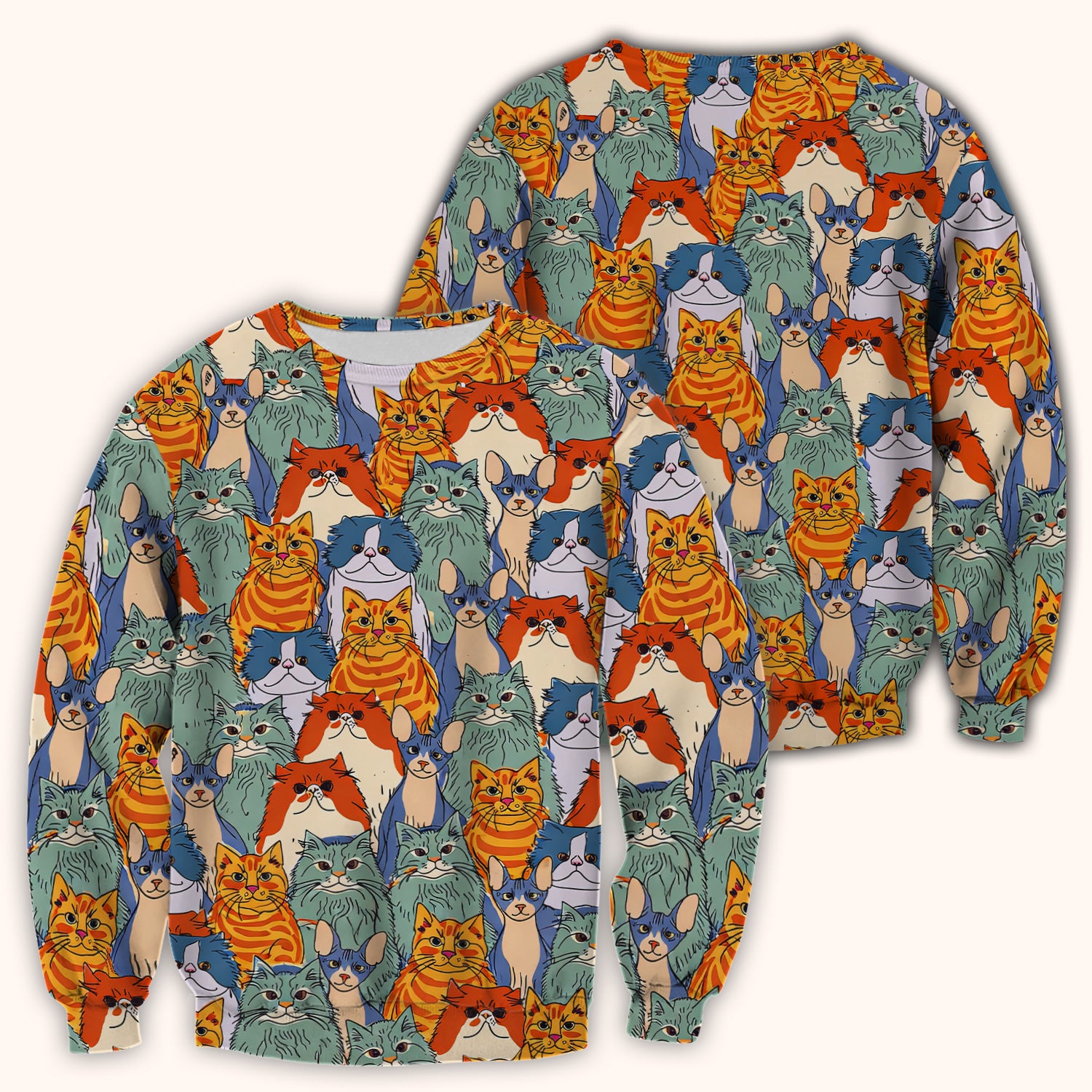 Cute Multicolor Cat Faces Illustration Pattern Scrub Top, Comfortable Scrubs for Nurses