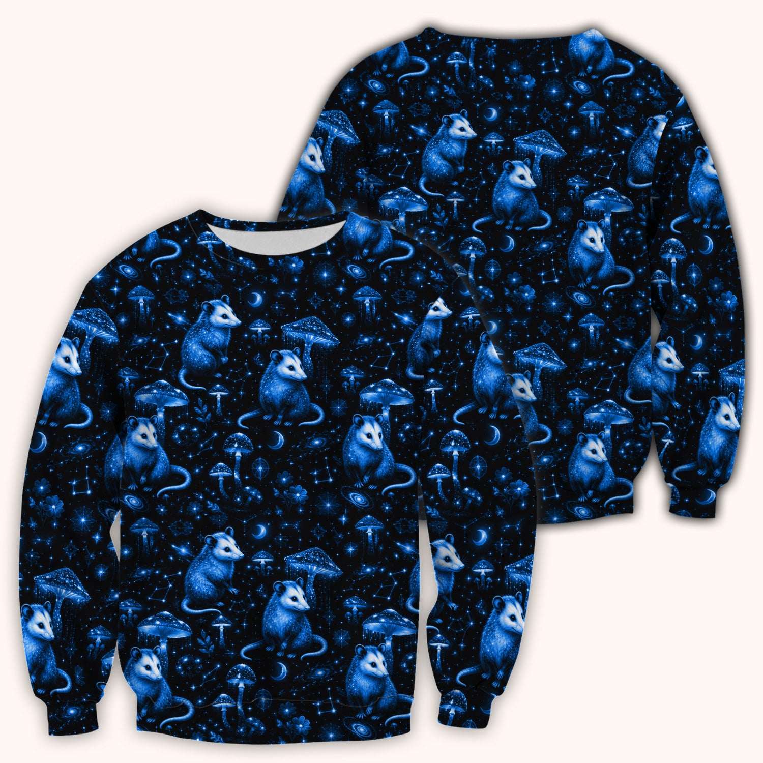 Celestial Blue Opossum With Mushroom Pattern Scrub Top, Comfortable Scrubs for Nurses