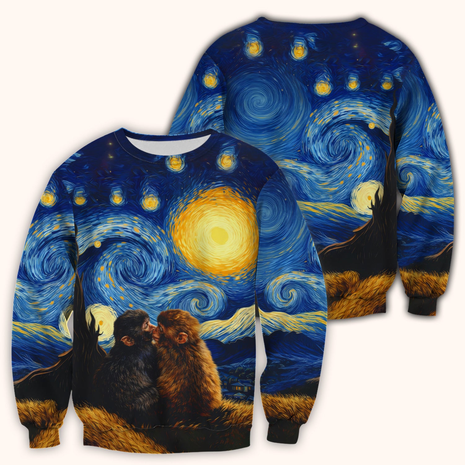 Romantic Monkey Couple Night Sky Pattern Scrub Top, Breathable Fabrics Nursing Uniform