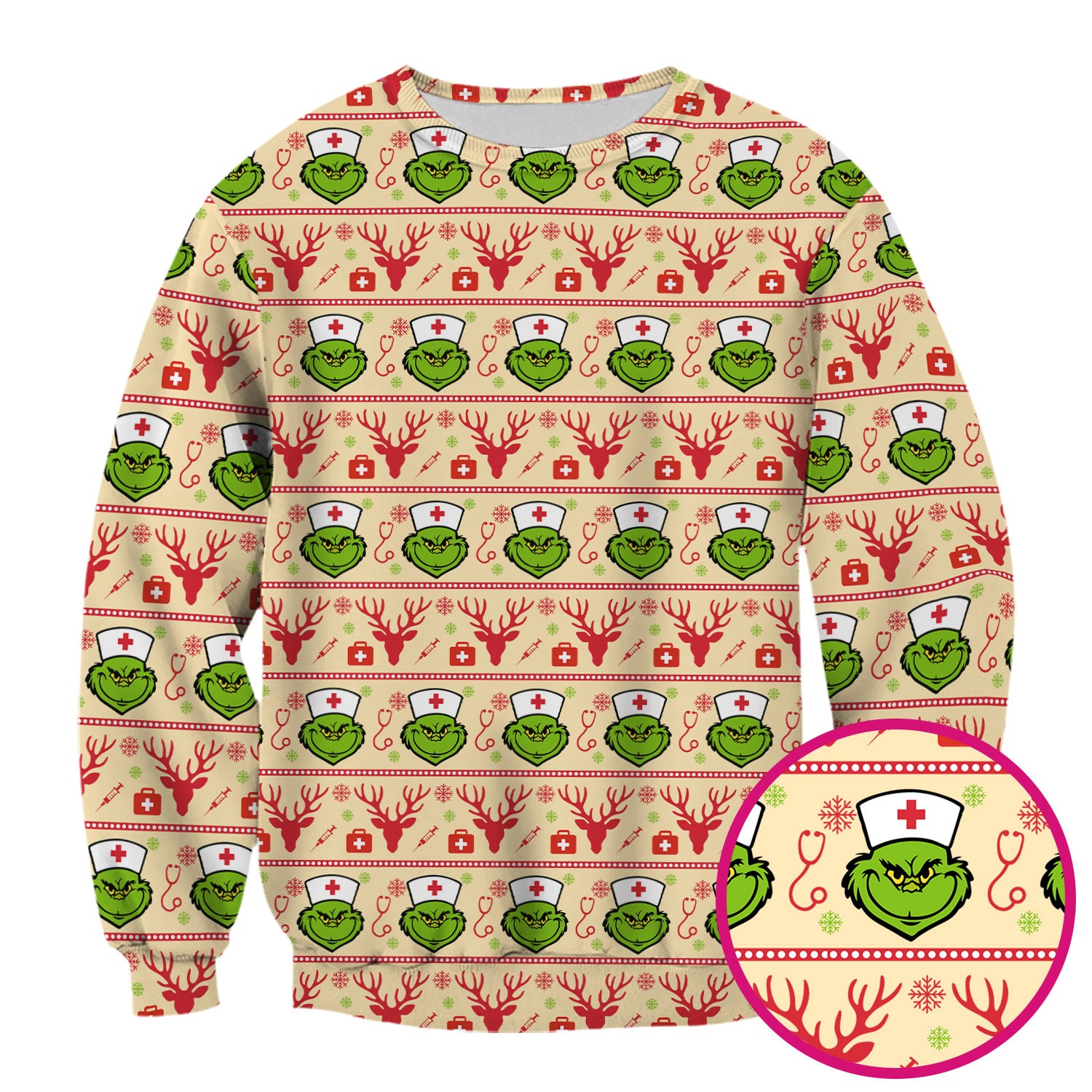 Grinch Nurse Ugly Christmas Scrub Top - Funny Holiday Nursing Scrubs Shirt - Cute Medical Workwear for Women with Festive Pattern