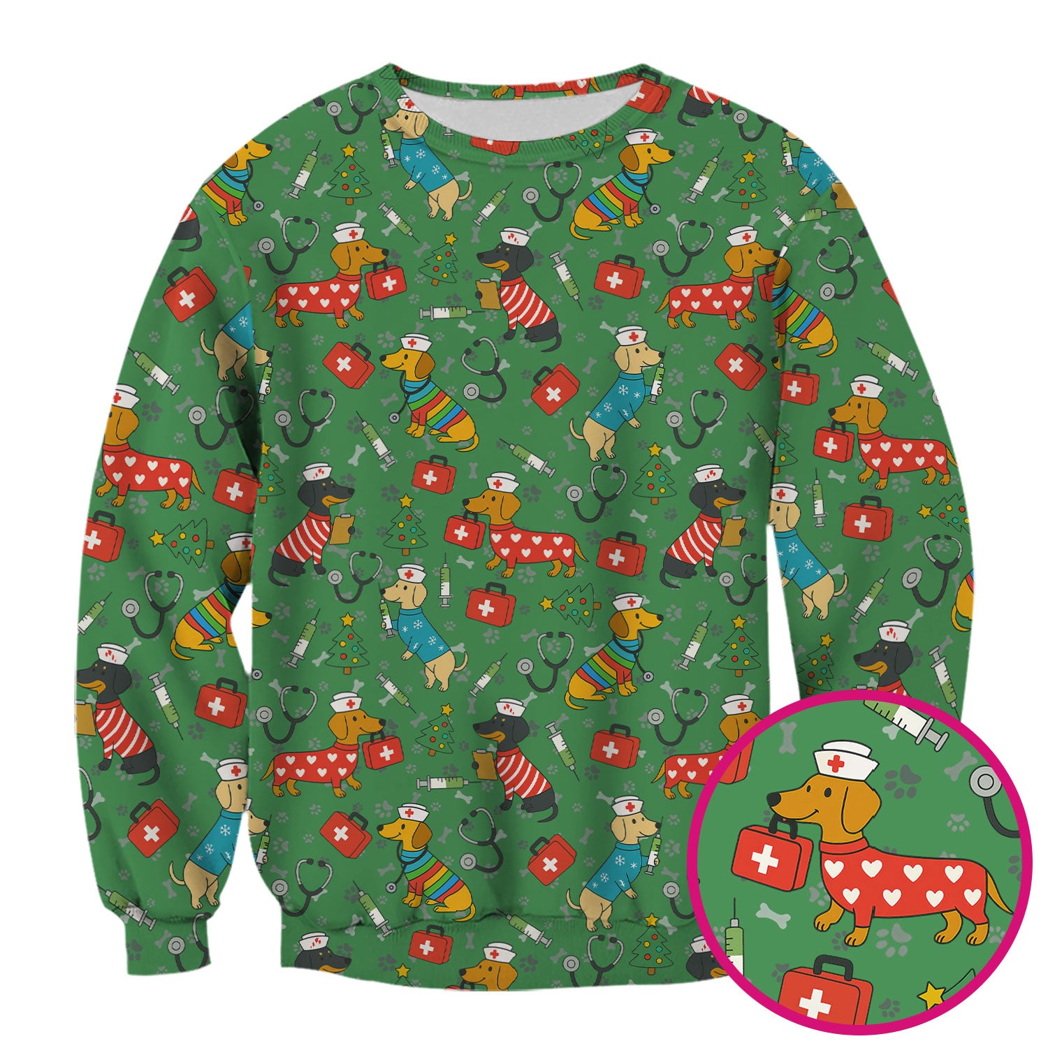 Funny Dachshund Scrub Shirt - Christmas Dog Print Scrubs Multi Color - Holiday Nurse Scrub Top Gift for Women, Men, CNA, RN, Medical Staff