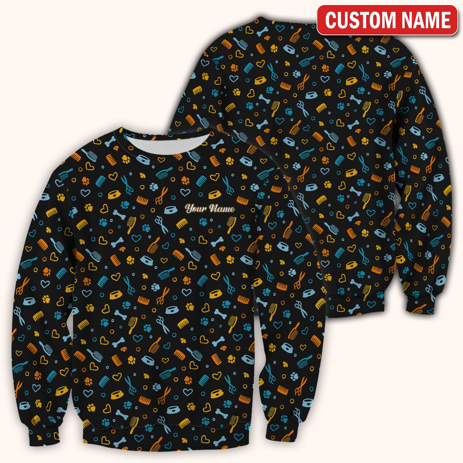 Custom Name Dog Cat Grooming Pattern Scrub Top, Breathable Fabrics Nursing Uniform
