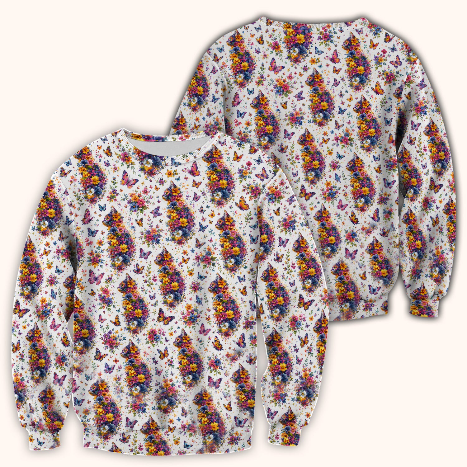 Cute Floral Cat With Butterfly Pattern Scrub Top, Comfortable Scrubs for Nurses
