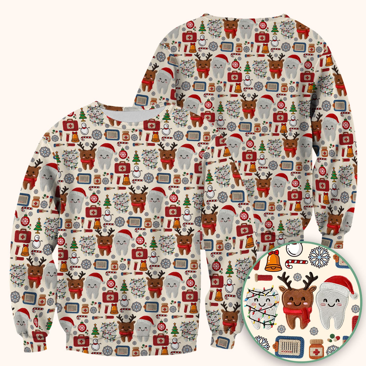 Christmas Dental Scrub Top - Cute Santa & Reindeer Tooth Shirt - Funny Holiday Medical Uniform for Dentists, Hygienists & Nurses