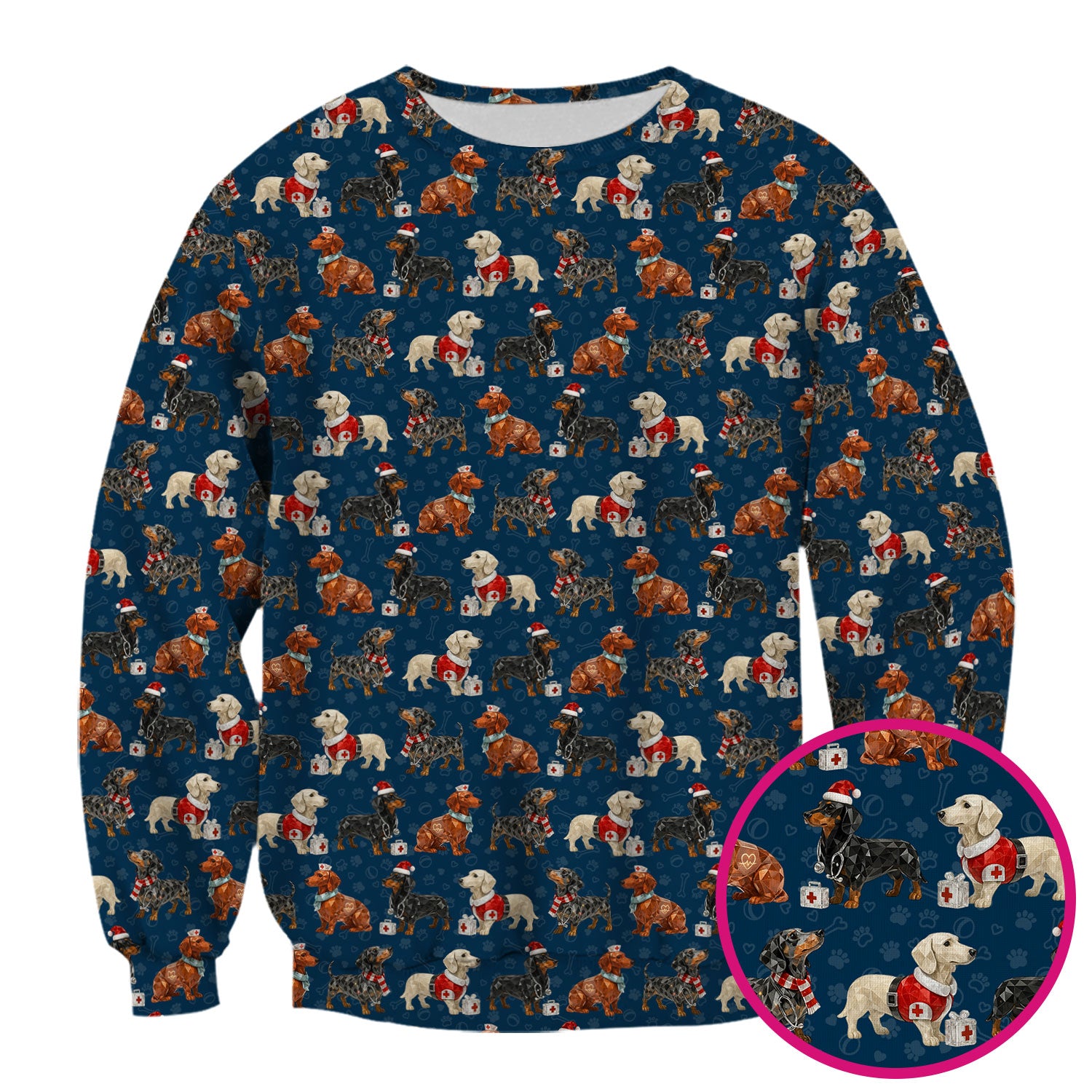 Funny Dachshund Christmas Dog Nurse Scrub Top, Holiday Puppy Medical Uniform Shirt For Nursing