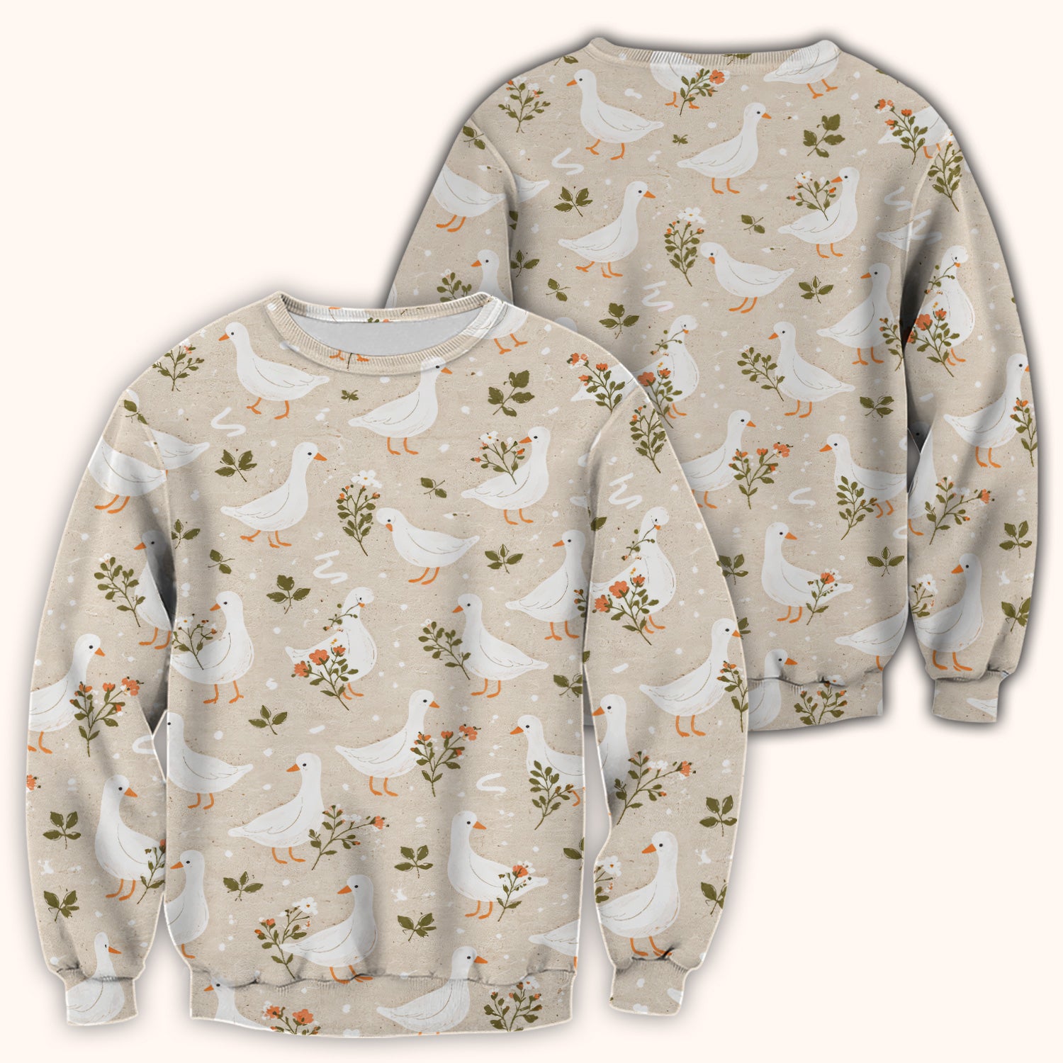 White Goose Floral Meadow Pattern Scrub Top, Comfortable Scrubs for Nurses
