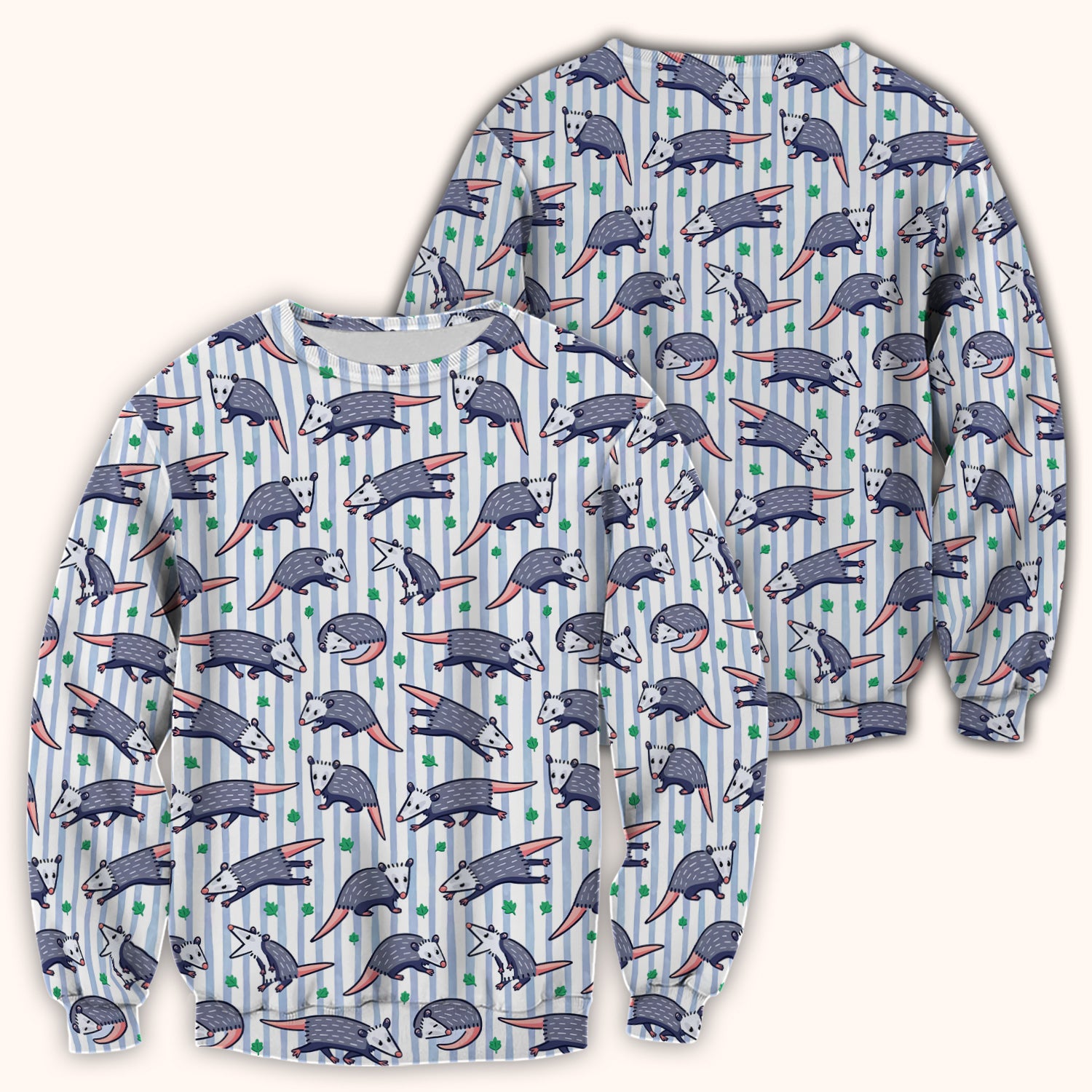 Cute Opossum Blue Stripe Pattern Scrub Top, Breathable Fabrics Nursing Uniform