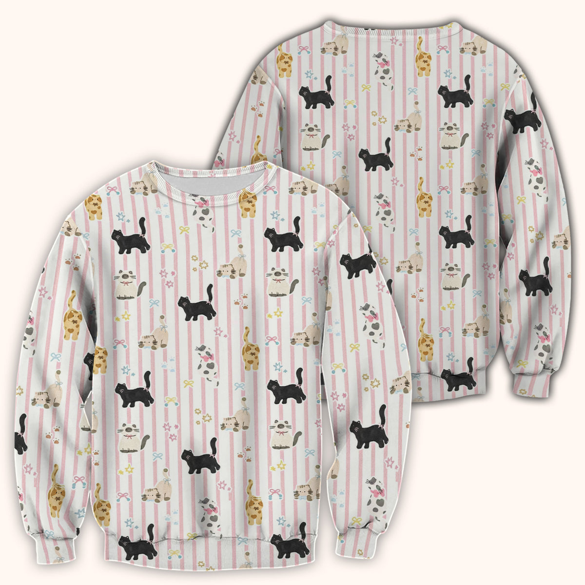 Cute Playful Cat Stripe Ribbon Pattern Scrub Top, Breathable Fabrics Nursing Uniform