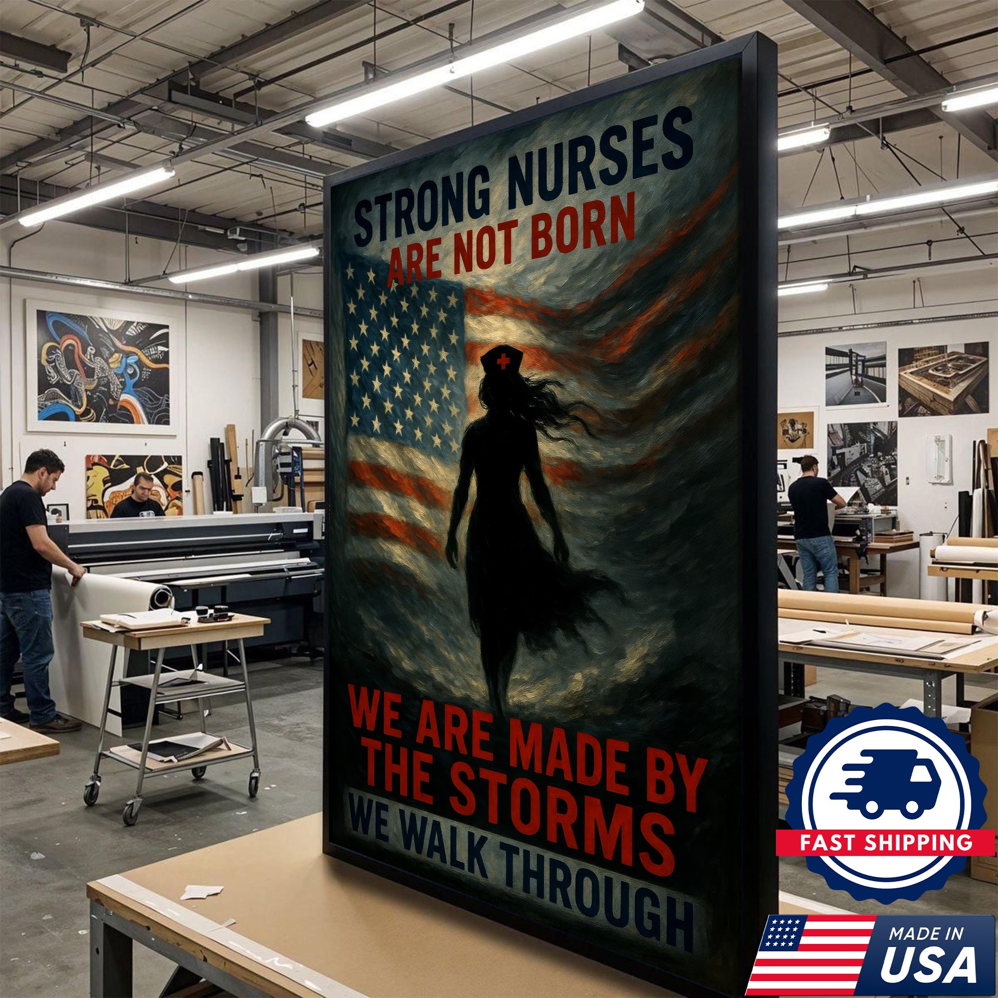 Strong Nurse Wall Art Canvas - Inspirational Quote We Are Made By The Storms - Patriotic American Flag Nursing Gift Made in USA