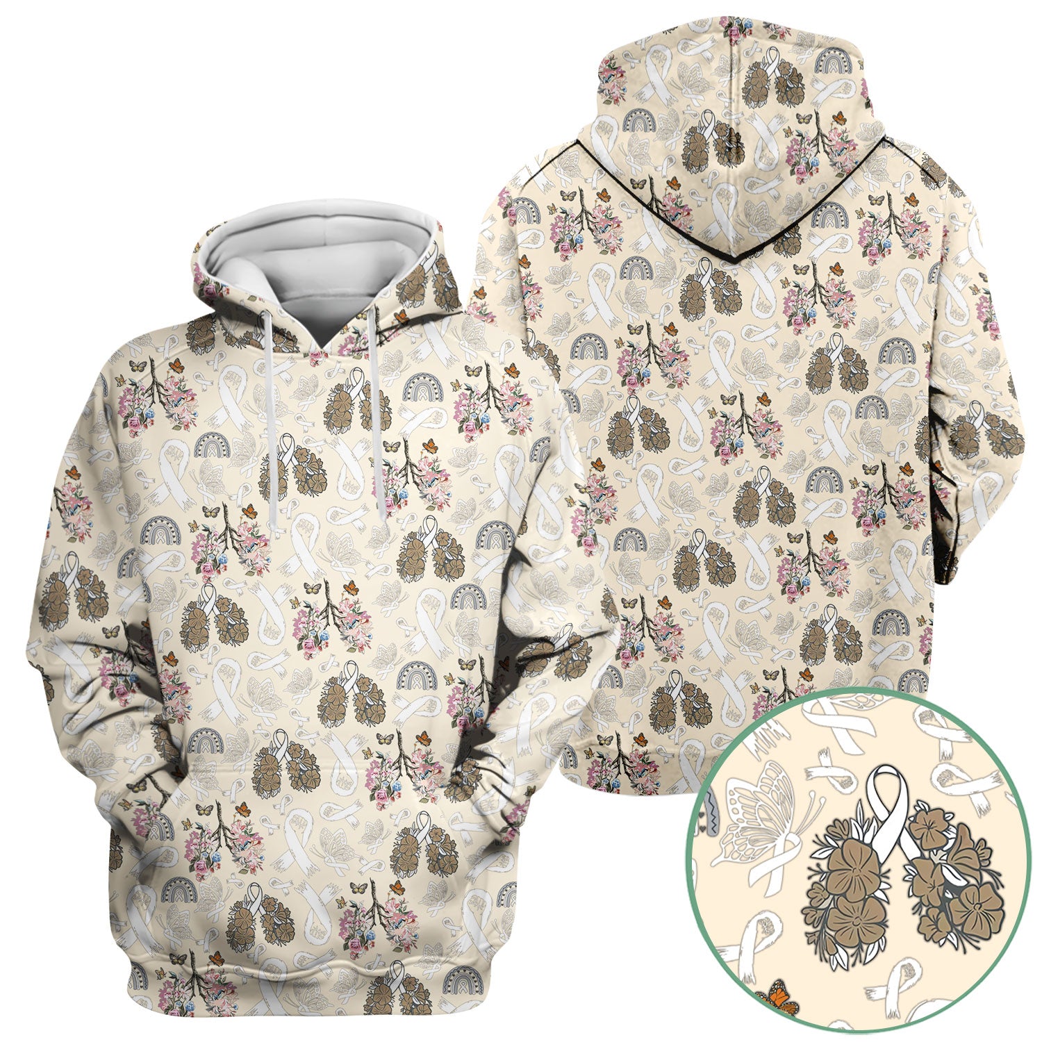 Lung Cancer Awareness Scrub Top for Women - White Ribbon Butterfly Floral Medical Uniform - Comfortable Scrubs for Nurses