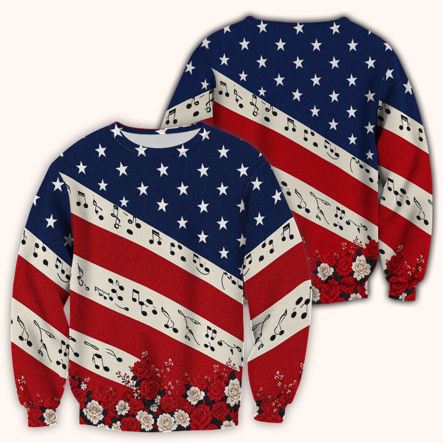 Patriotic Music Notes Nurse Scrub Top for RN, CNA, Healthcare Workers, Floral USA Uniform Scrub Top, Comfortable Scrubs for Nurses