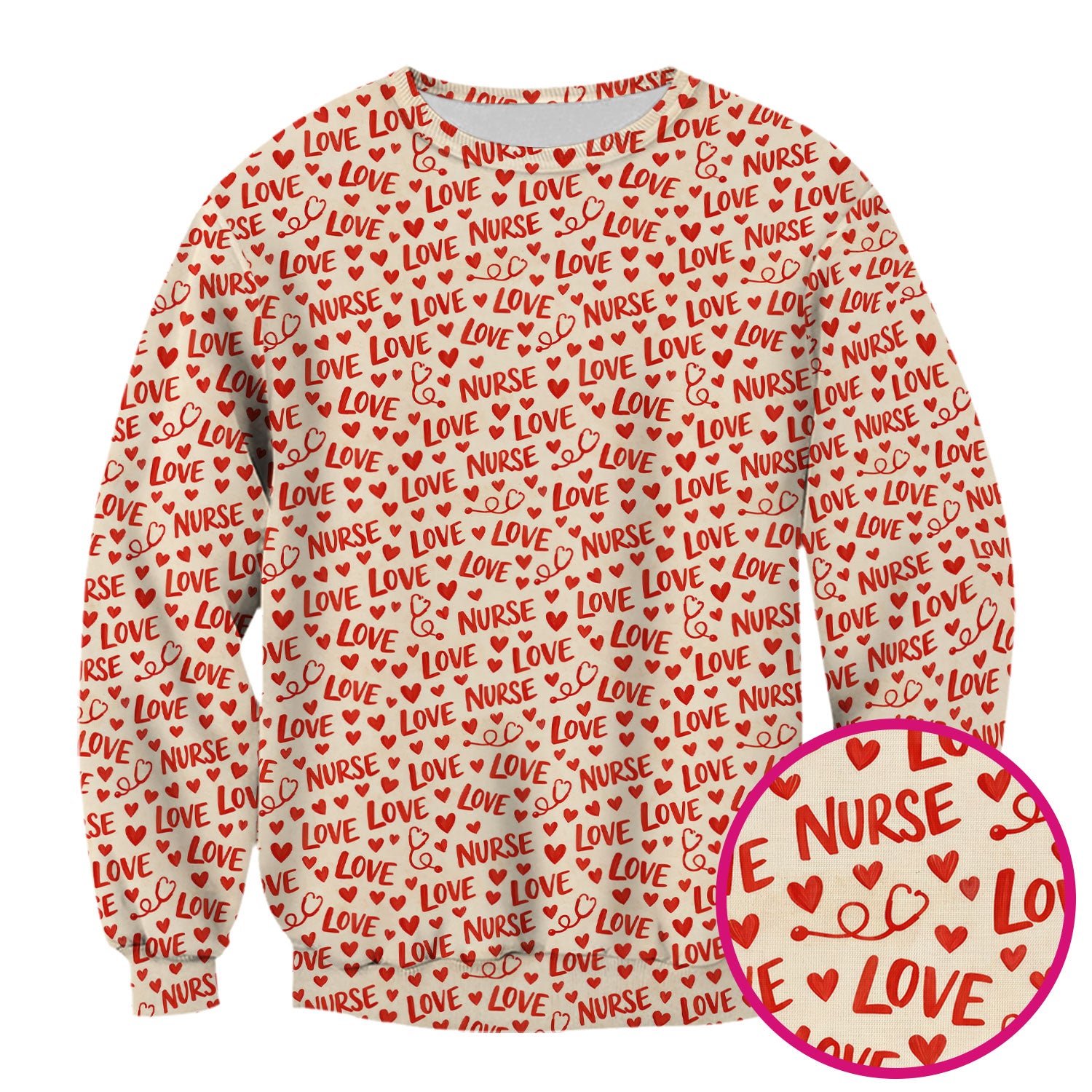 Valentine Pattern Scrub Top, Love Heart Medical Nurse Scrub Shirt, Breathable Fabrics Nursing Uniform