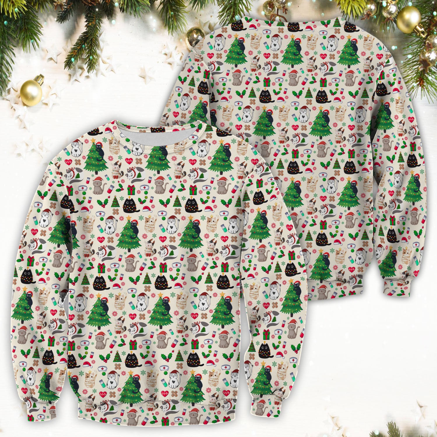 Christmas Cat Scrub Top, Xmas Pet Pattern Scrub Shirt, Breathable Fabrics Nursing Uniform