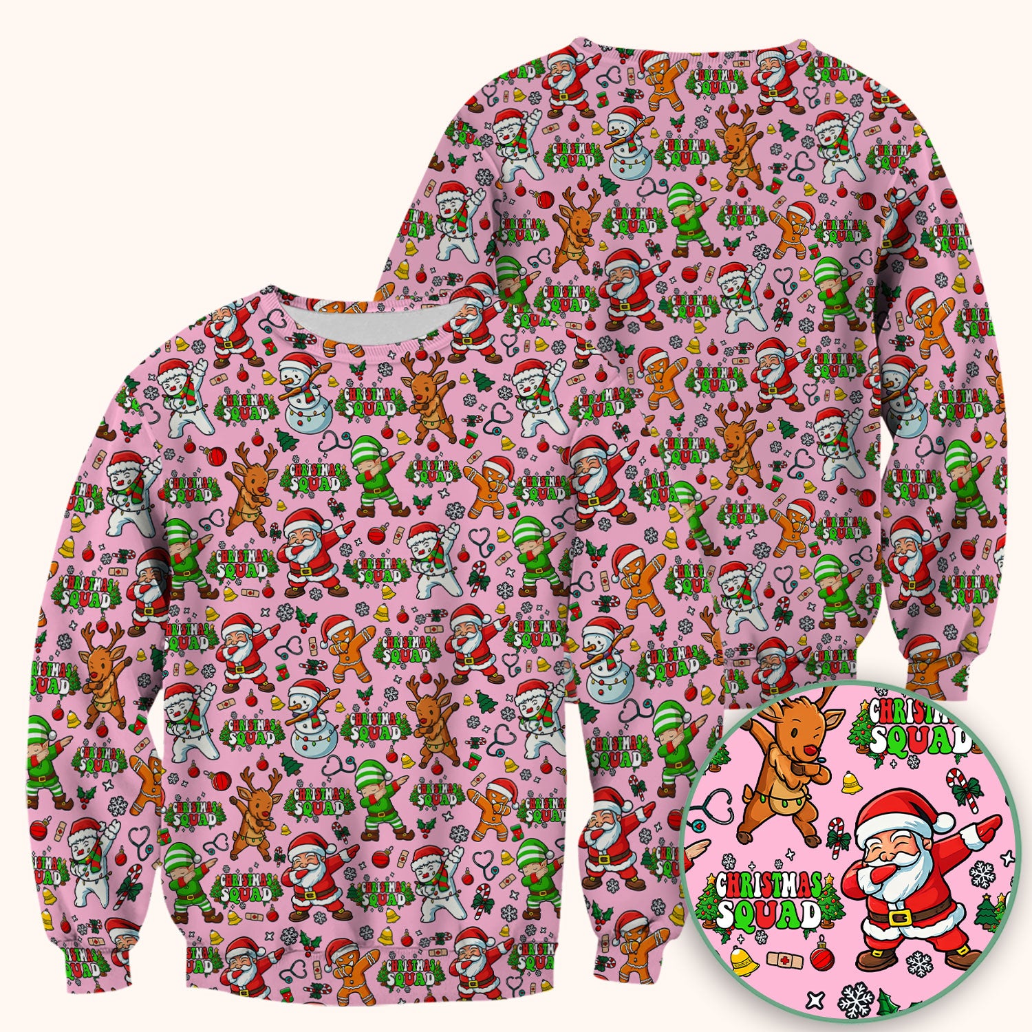 Christmas Squad Scrub Top - Dancing Santa, Reindeer & Elf Shirt - Funny Holiday Medical Uniform for Nurses, Doctors & Vet Techs