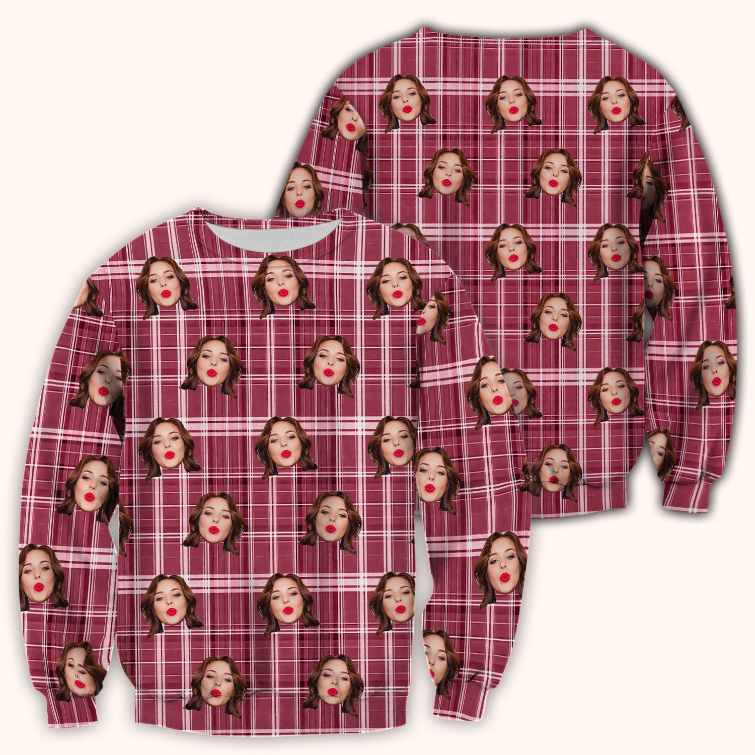 Personalized Funny Face Plaid Scrub Top, Custom Photo Pattern Medical Shirt, Breathable Fabrics Nursing Uniform