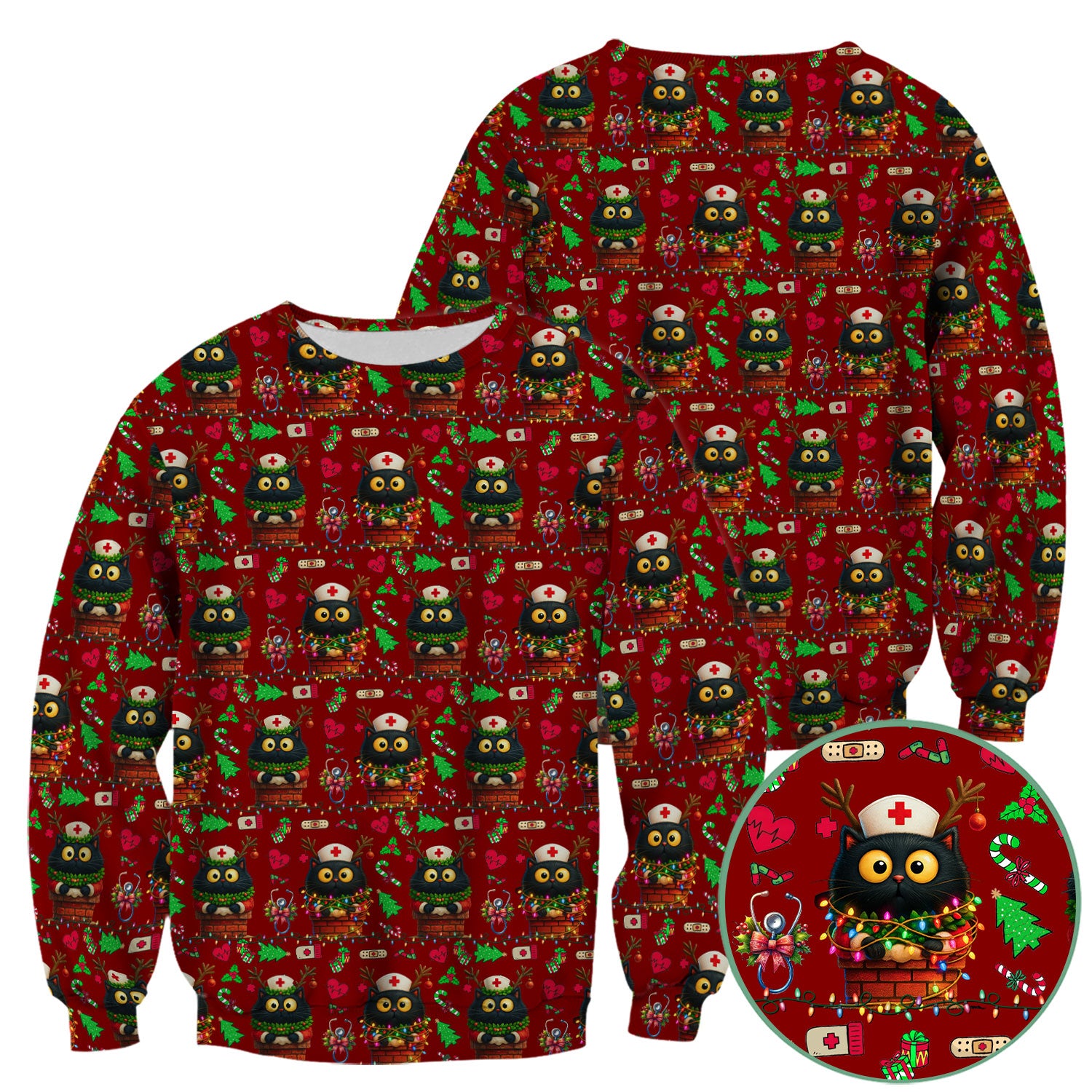 Christmas Black Cat Scrub Top for Nurse - Cute Reindeer Cat with Xmas Lights - Festive Holiday Medical Uniform for Women