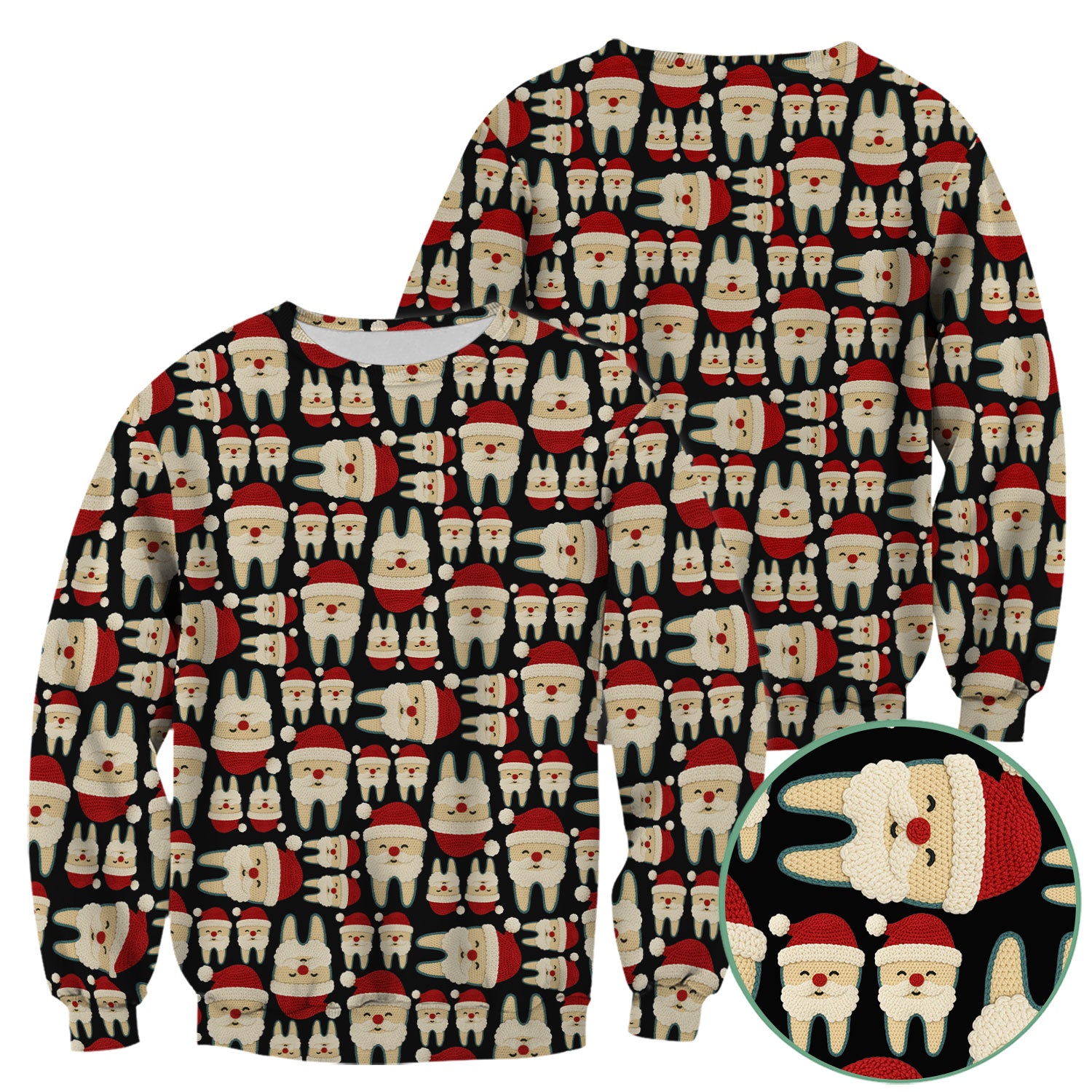 Christmas Tooth Scrub Top - Cute Santa Tooth Pattern for Dentists & Hygienists - Crochet Style Holiday Medical Uniform for Women