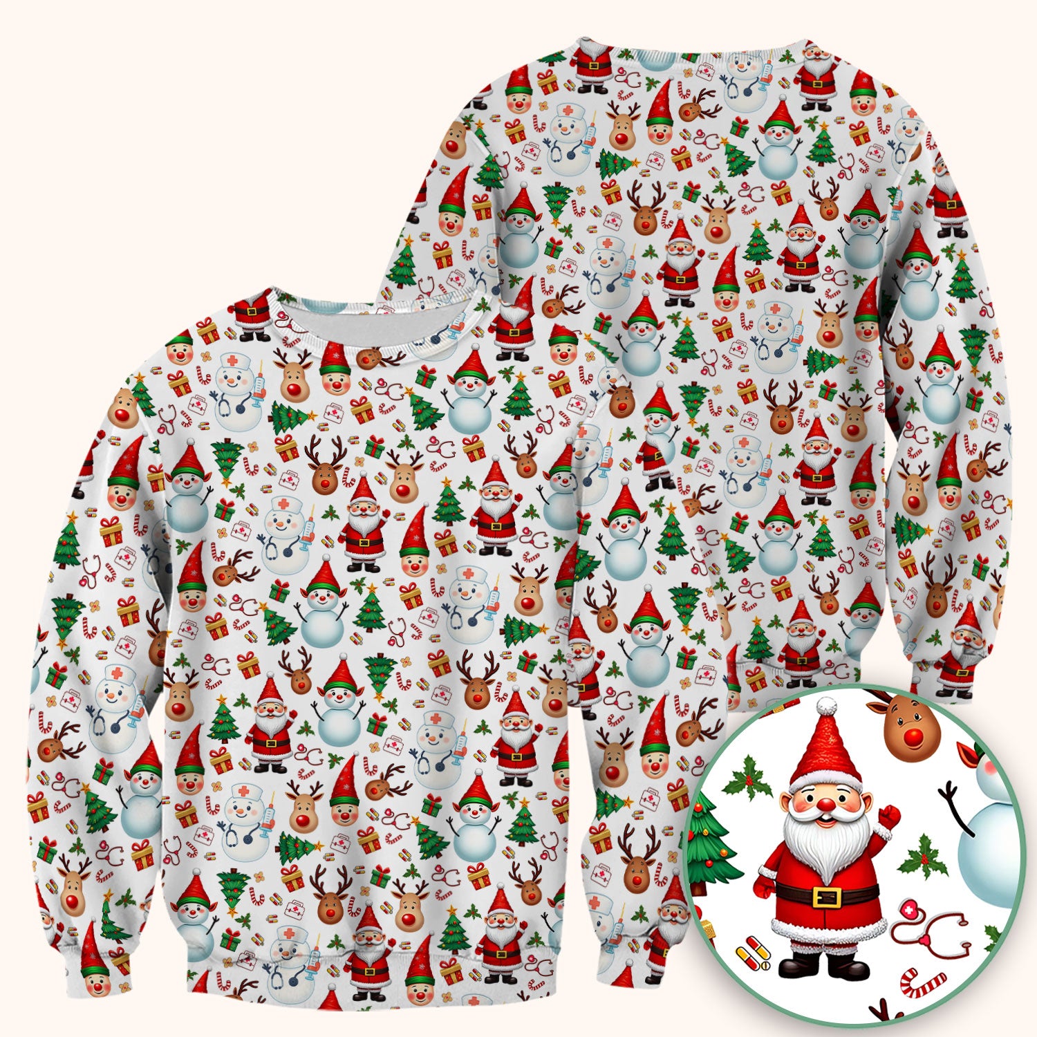 Christmas Nurse Scrub Top - Cute Snowman Santa Reindeer Pattern Medical Shirt - Festive Holiday Scrubs for Women RN CNA LPN