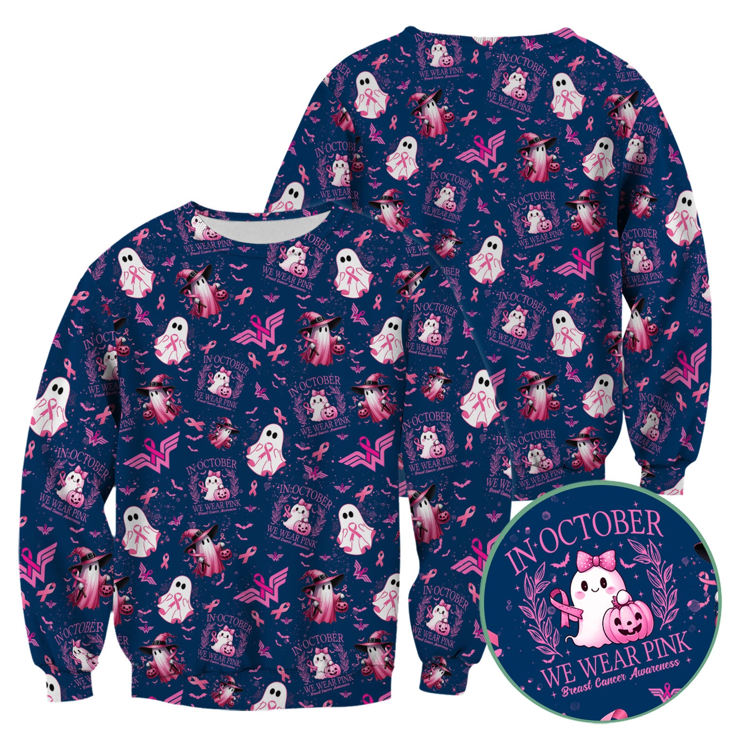 Halloween Breast Cancer Awareness Scrub Top - In October We Wear Pink Nurse Shirt - Cute Ghost Witch Pink Ribbon Medical Uniform