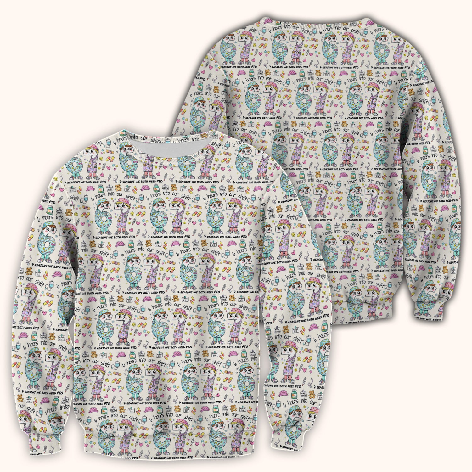 Cartoon Characters Six Hours Into Shift With Medical Doodle Scrub Top, Breathable Fabrics Nursing Uniform