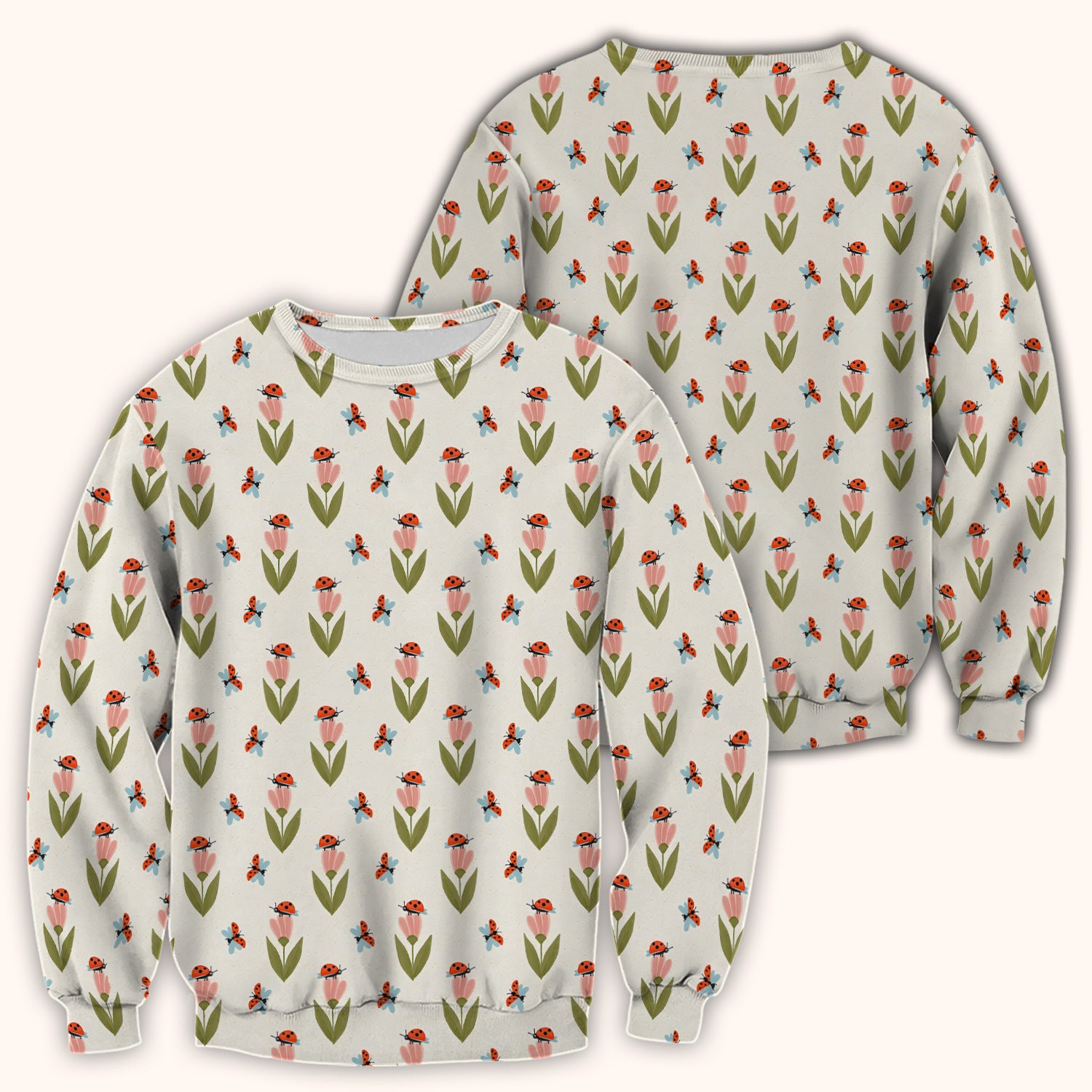 Cute Ladybug Tulip Floral Pattern Scrub Top, Comfortable Scrubs for Nurses