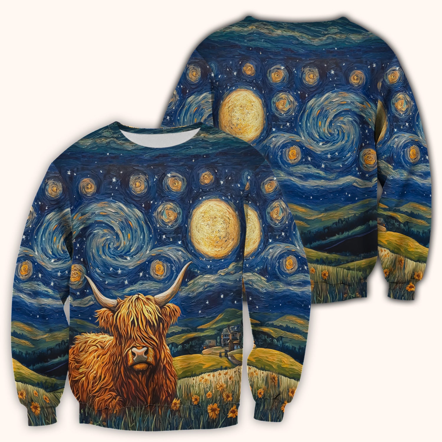 Artistic Highland Cow Starry Night Scene Pattern Scrub Top, Comfortable Scrubs for Nurses