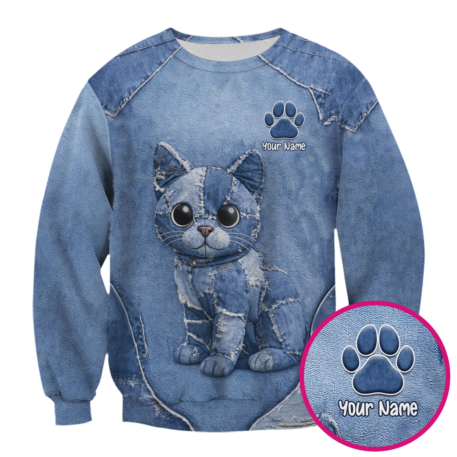 Personalized Patchwork Denim Cat Nurse Pattern Scrub Top, Breathable Fabrics Nursing Uniform