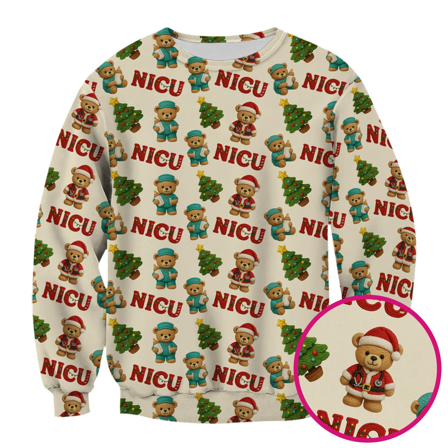 Festive Christmas NICU Nurse Teddy Bear Pattern, Breathable Fabrics Nursing Uniform