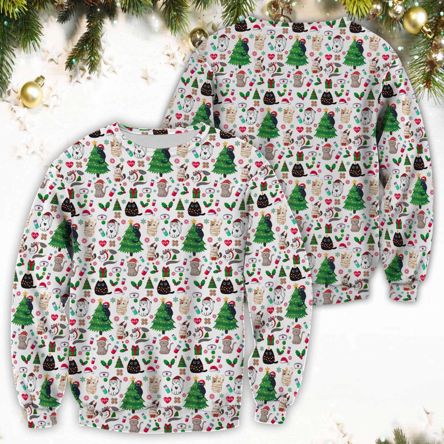 Christmas Cat Scrub Top, Xmas Pet Pattern Scrub Shirt, Breathable Fabrics Nursing Uniform